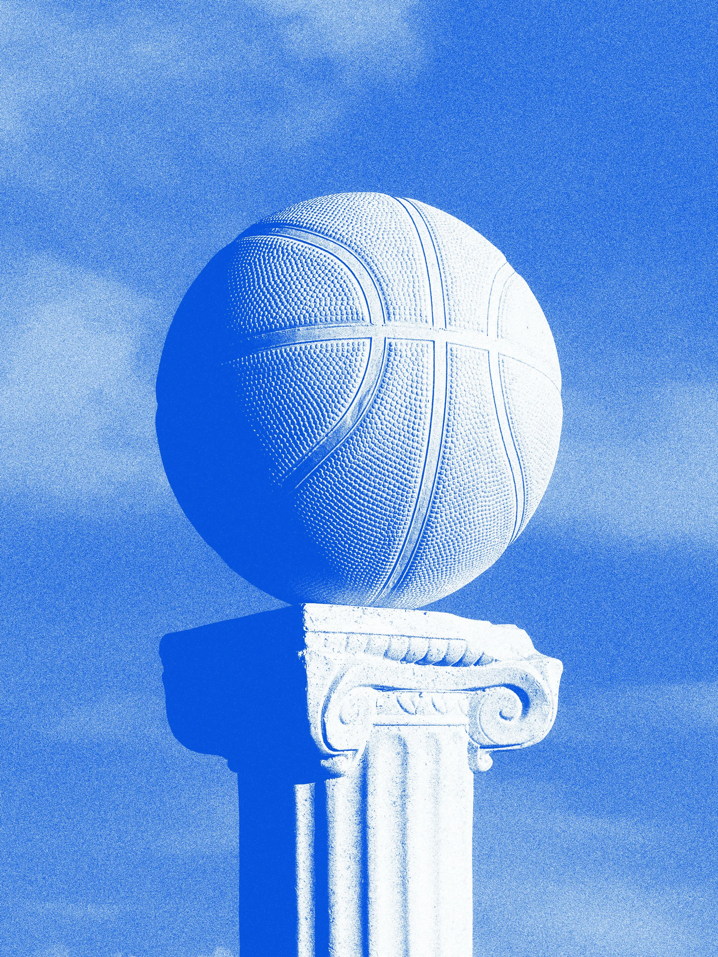 Roman column with a basketball on top of it.
