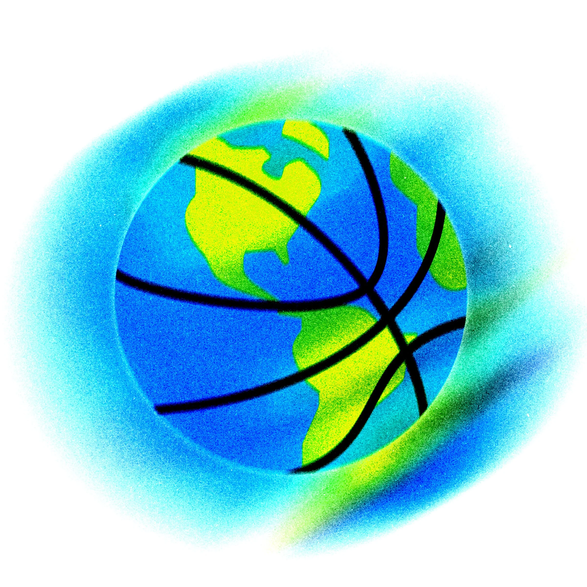 Basketball with a globe design, rendered with a spray paint effect.