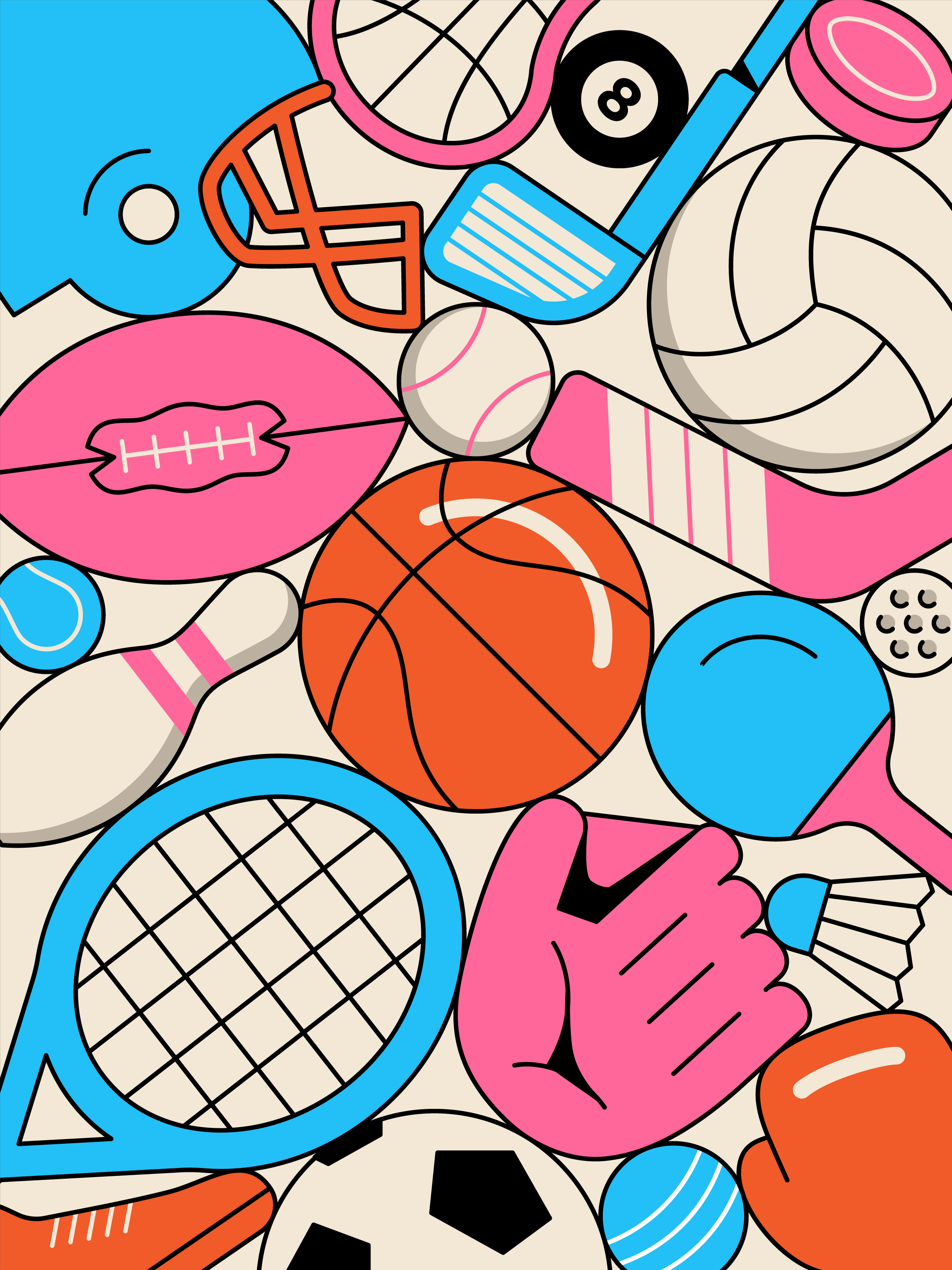 Various equipment stacked on each other with a basketball in the center.