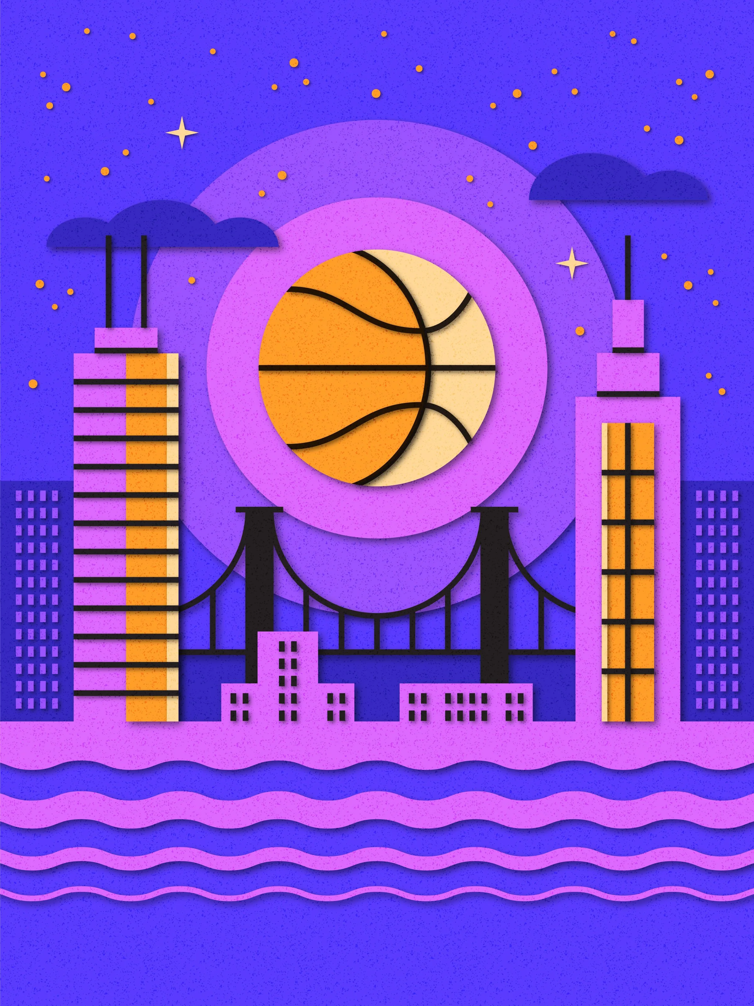 A cityscape with a basketball moon in the sky.
