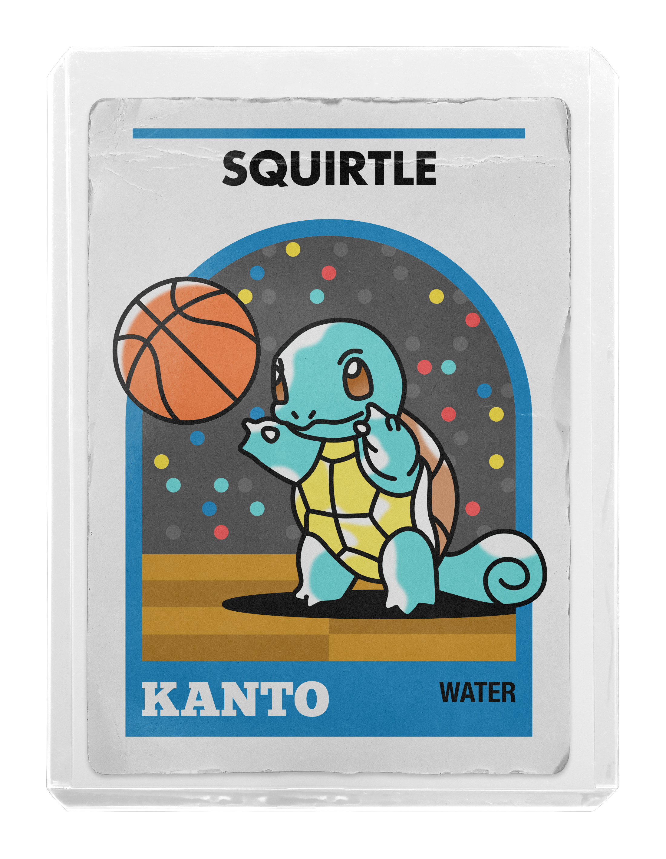Illustration of a basketball card with the Pokemon Squirtle shooting a basketball.
