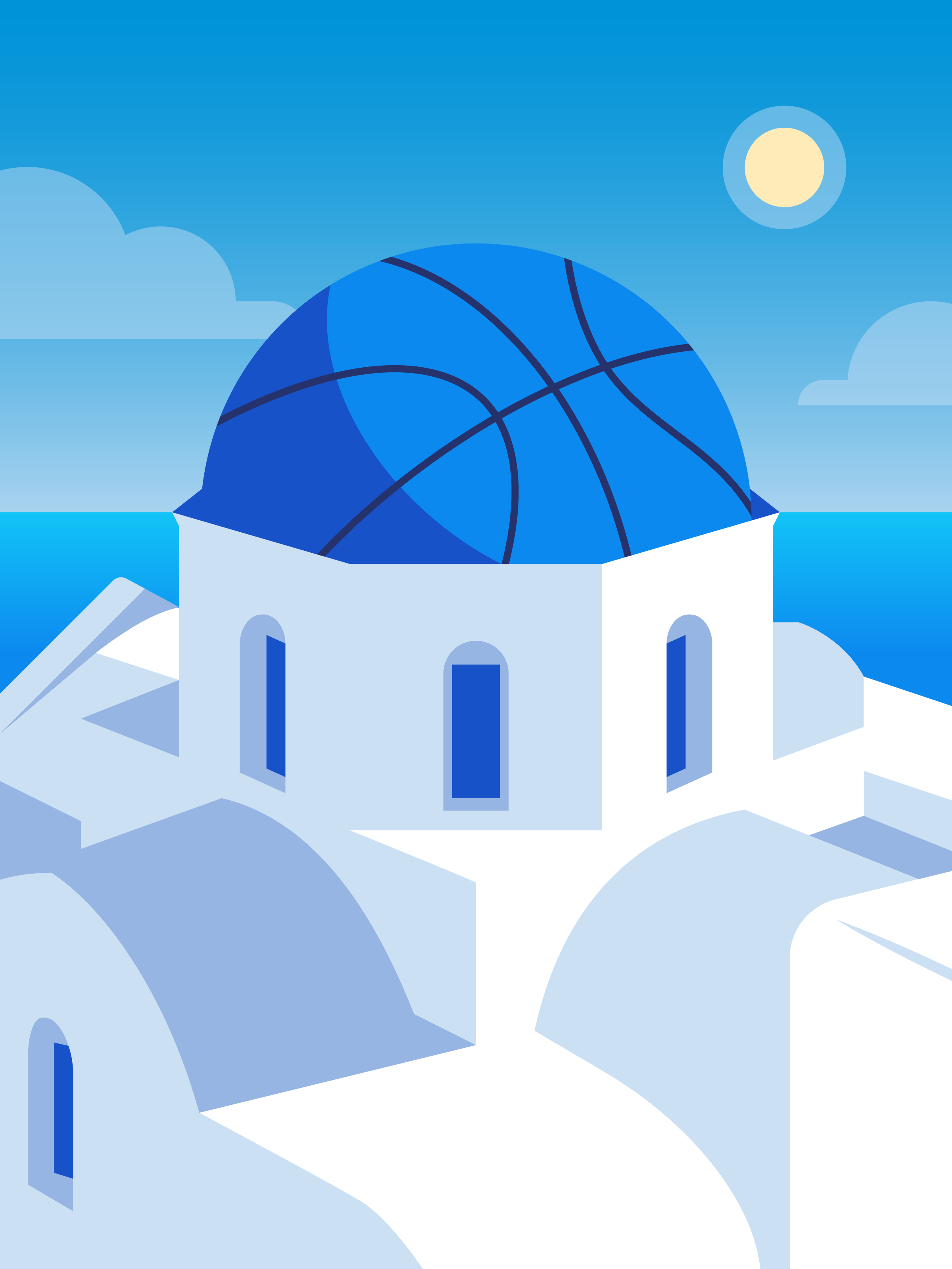 Illustration of Santorini domed building with the dome as a basketball.