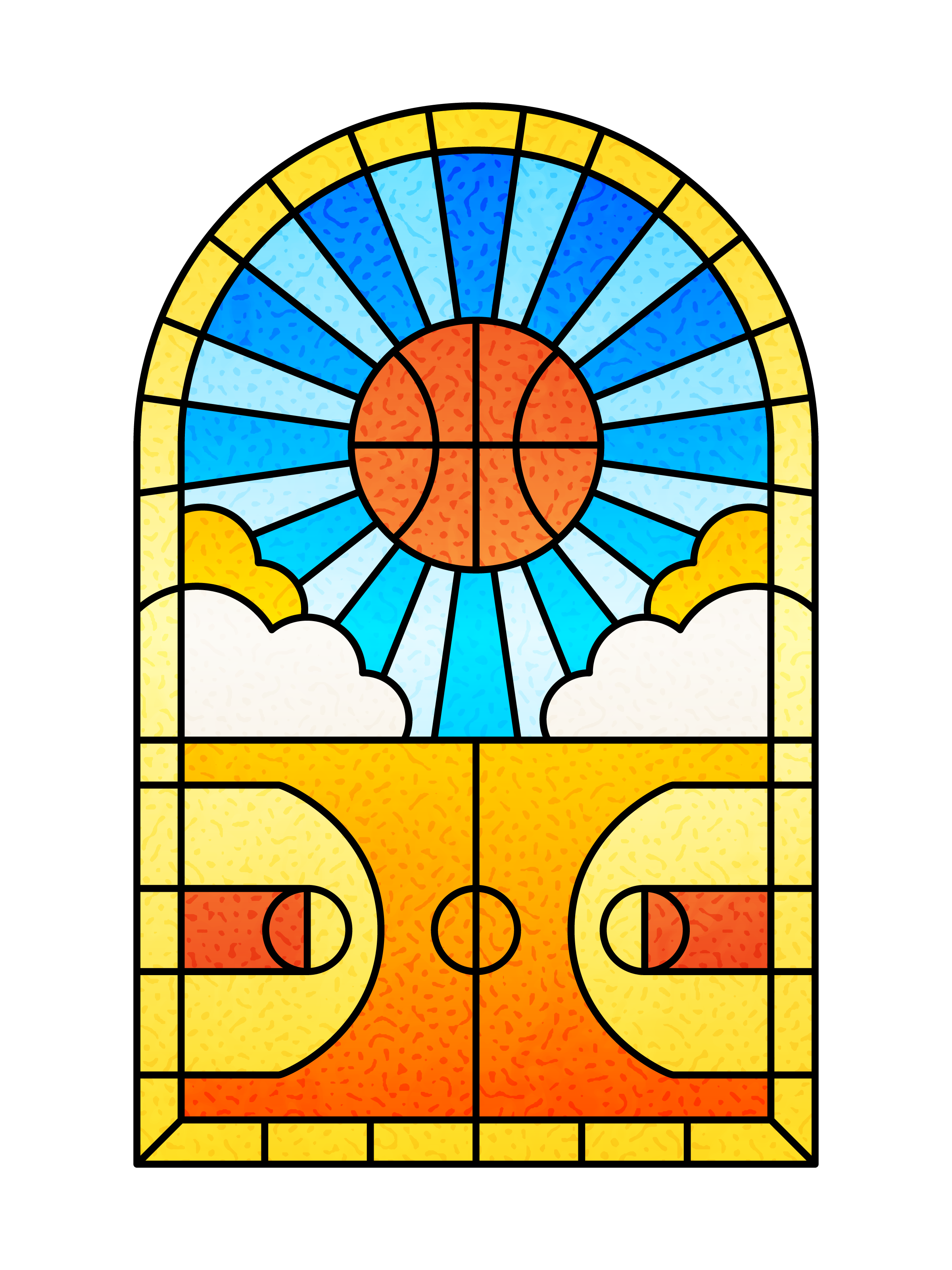 A stained glass window with a basketball and basketball court.