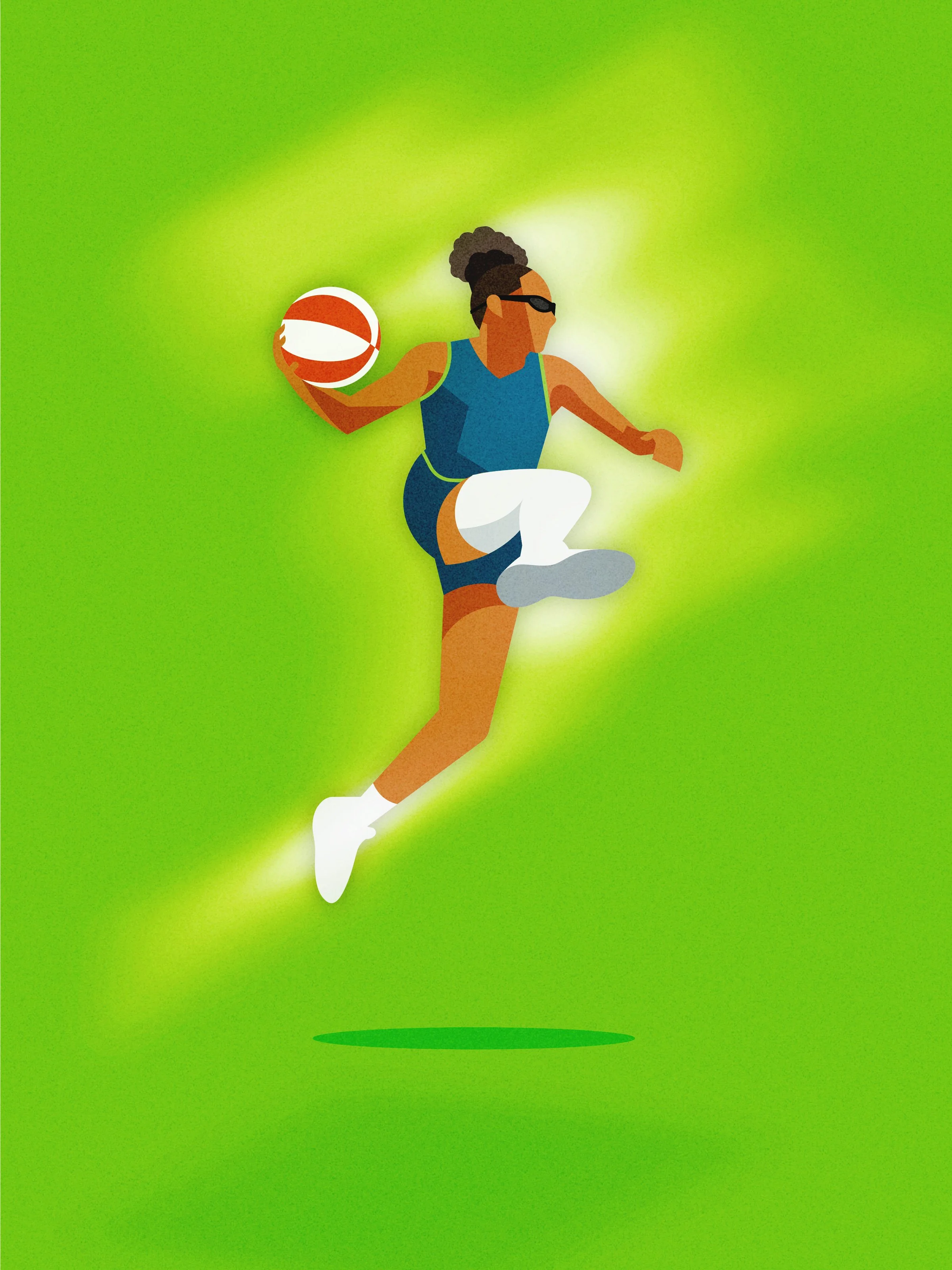Illustration of a woman with sports goggles jumping in the air, posed with a basketball.