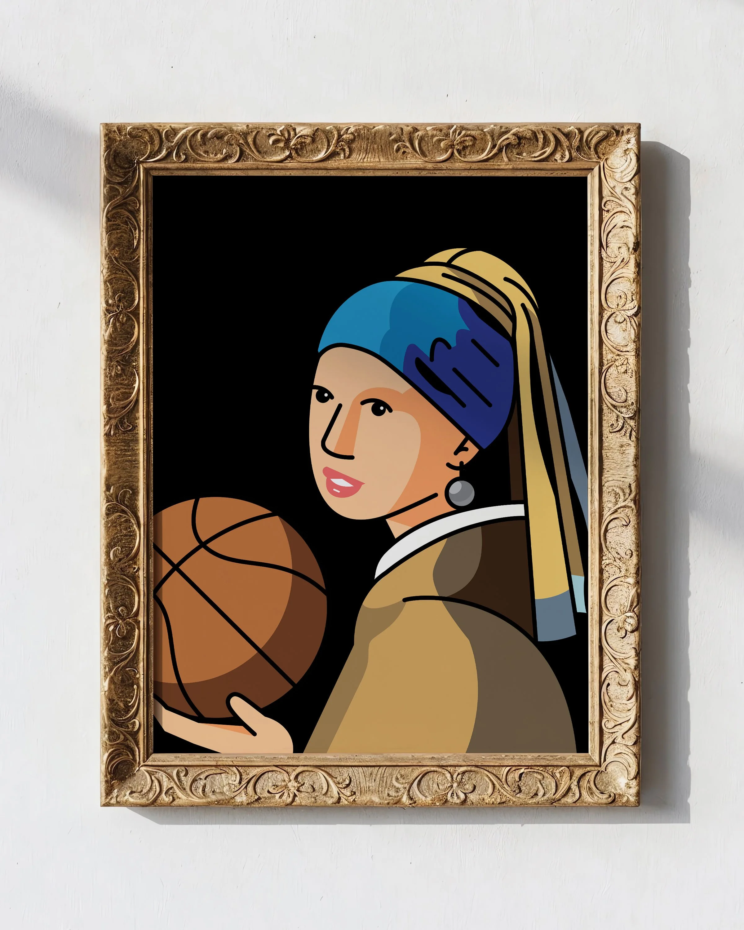 Re-creation of "Girl with A Pearl Earring" holding a basketball.
