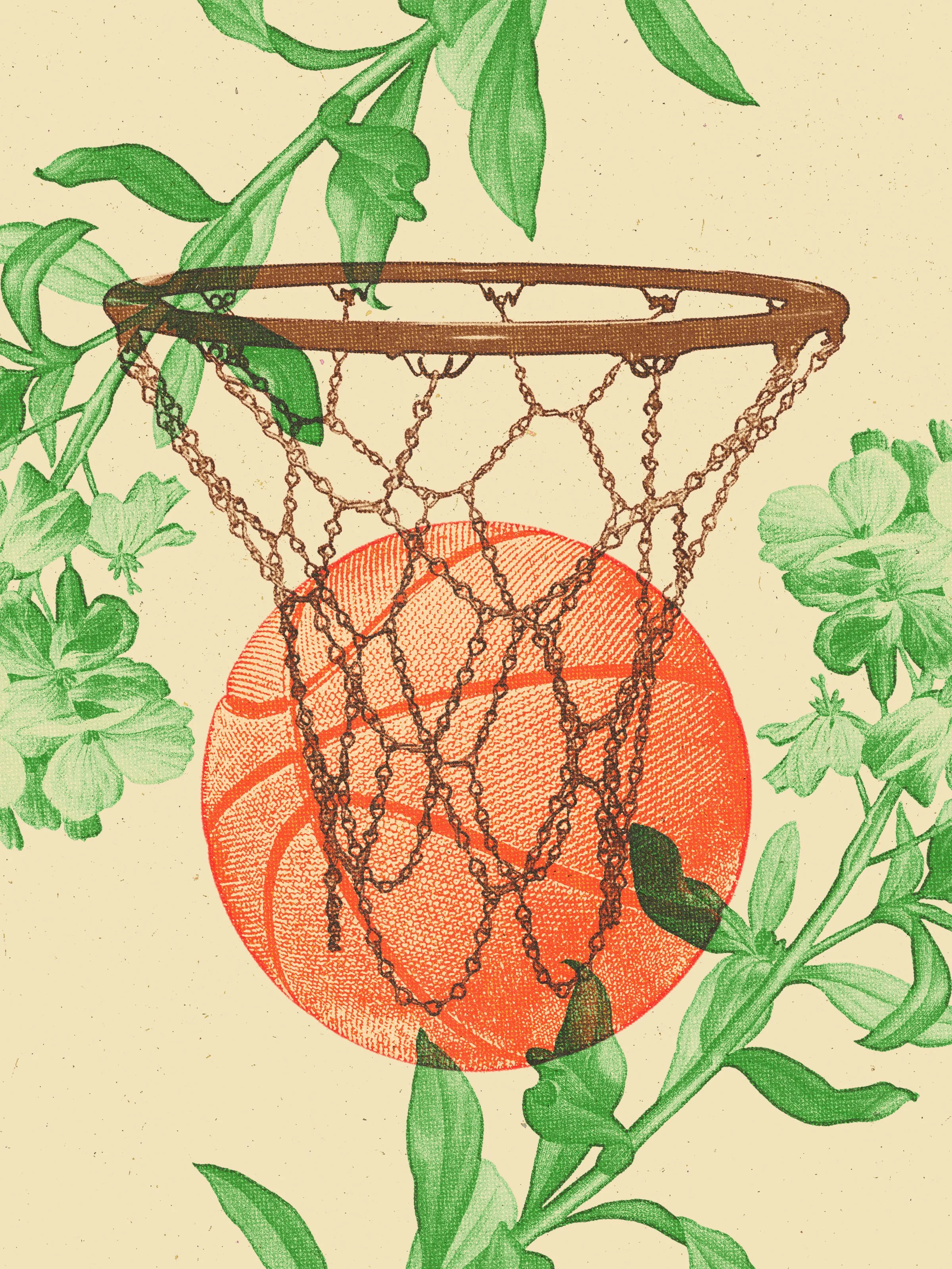 A basketball net, basketball, and two flowers with a risograph printing effect.