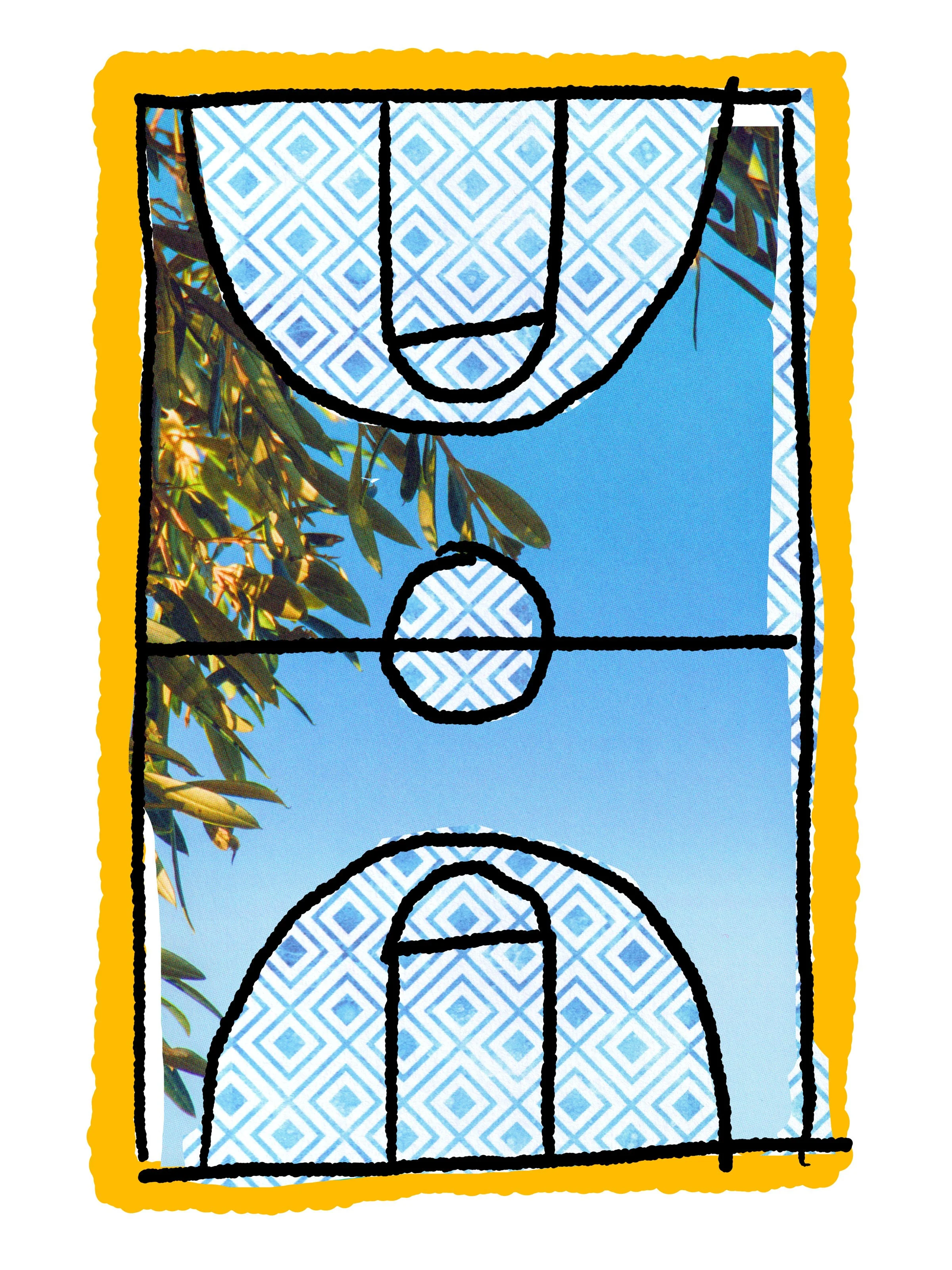 Loosely drawn basketball court imposed over a photo of leaves and a blue diamond pattern.