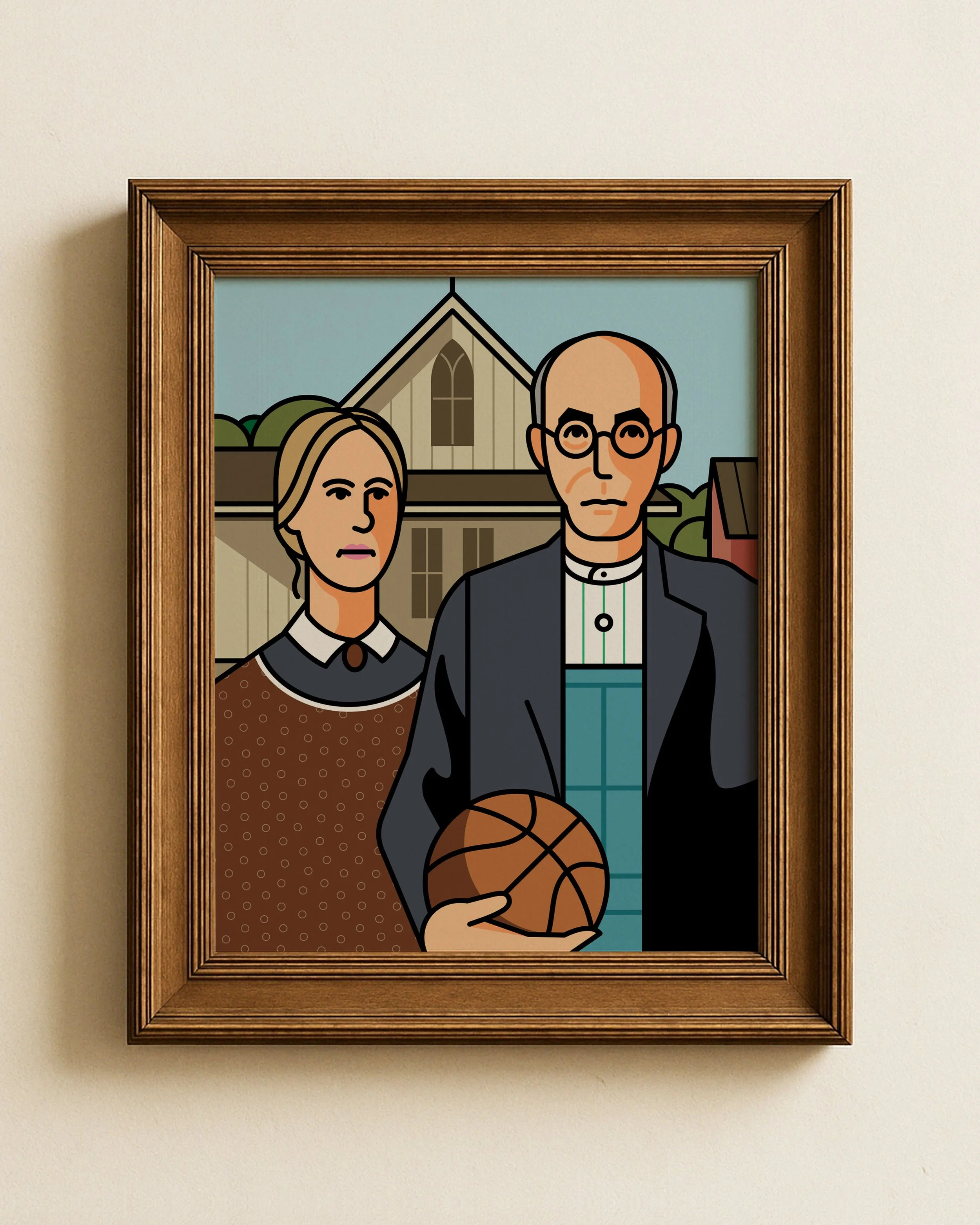 Re-creation of "American Gothic" with the man holding a basketball.
