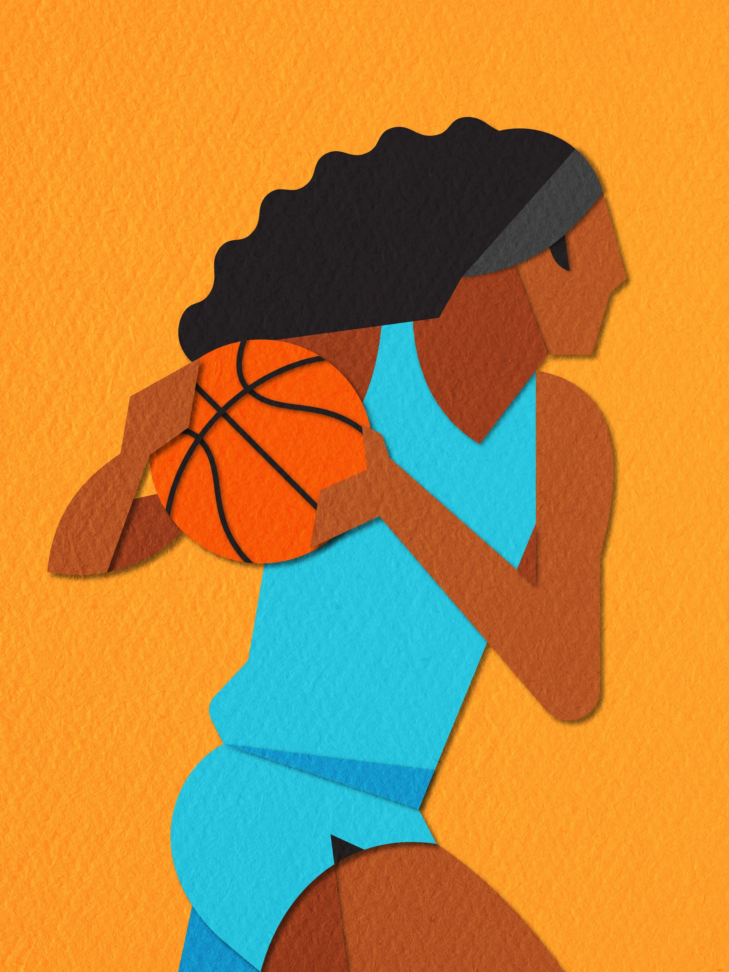 Female figure playing basketball.