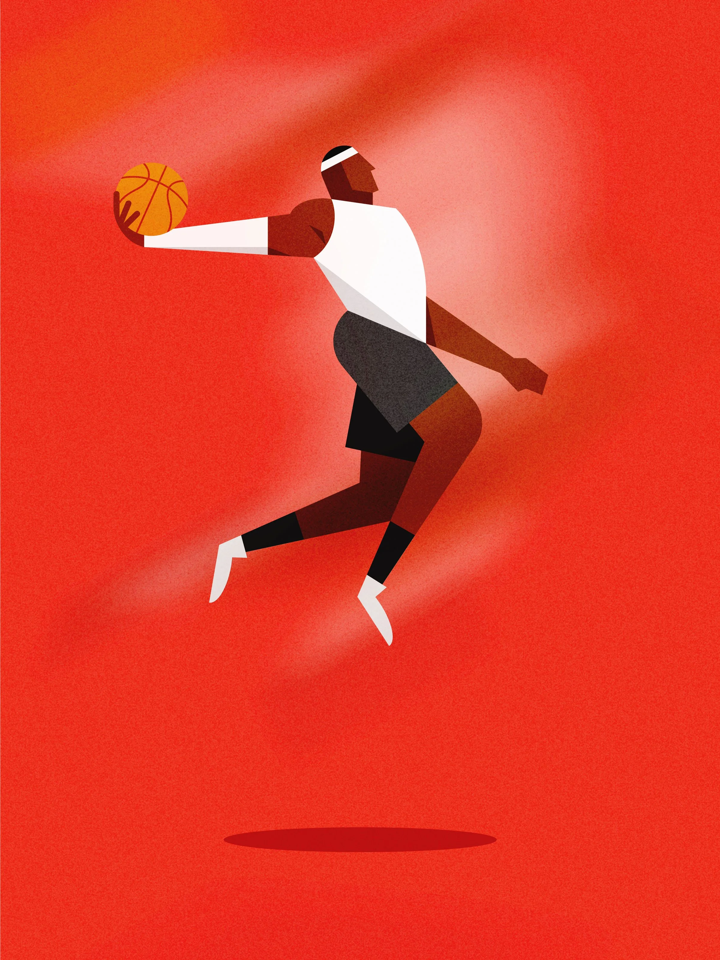Male figure jumping in the air to dunk a basketball.