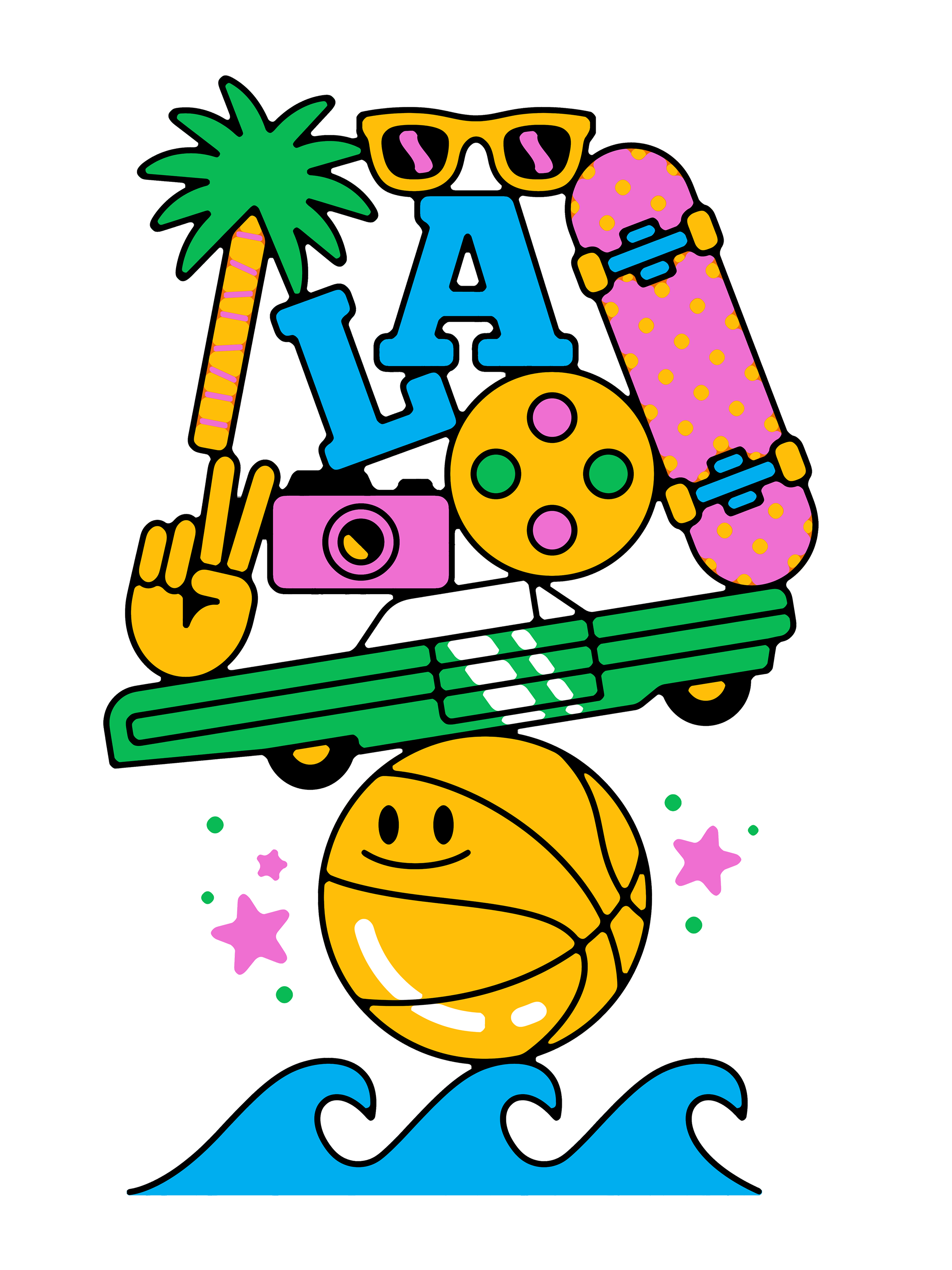 Various Los Angeles themed entertainment icons stacked on top of a basketball.
