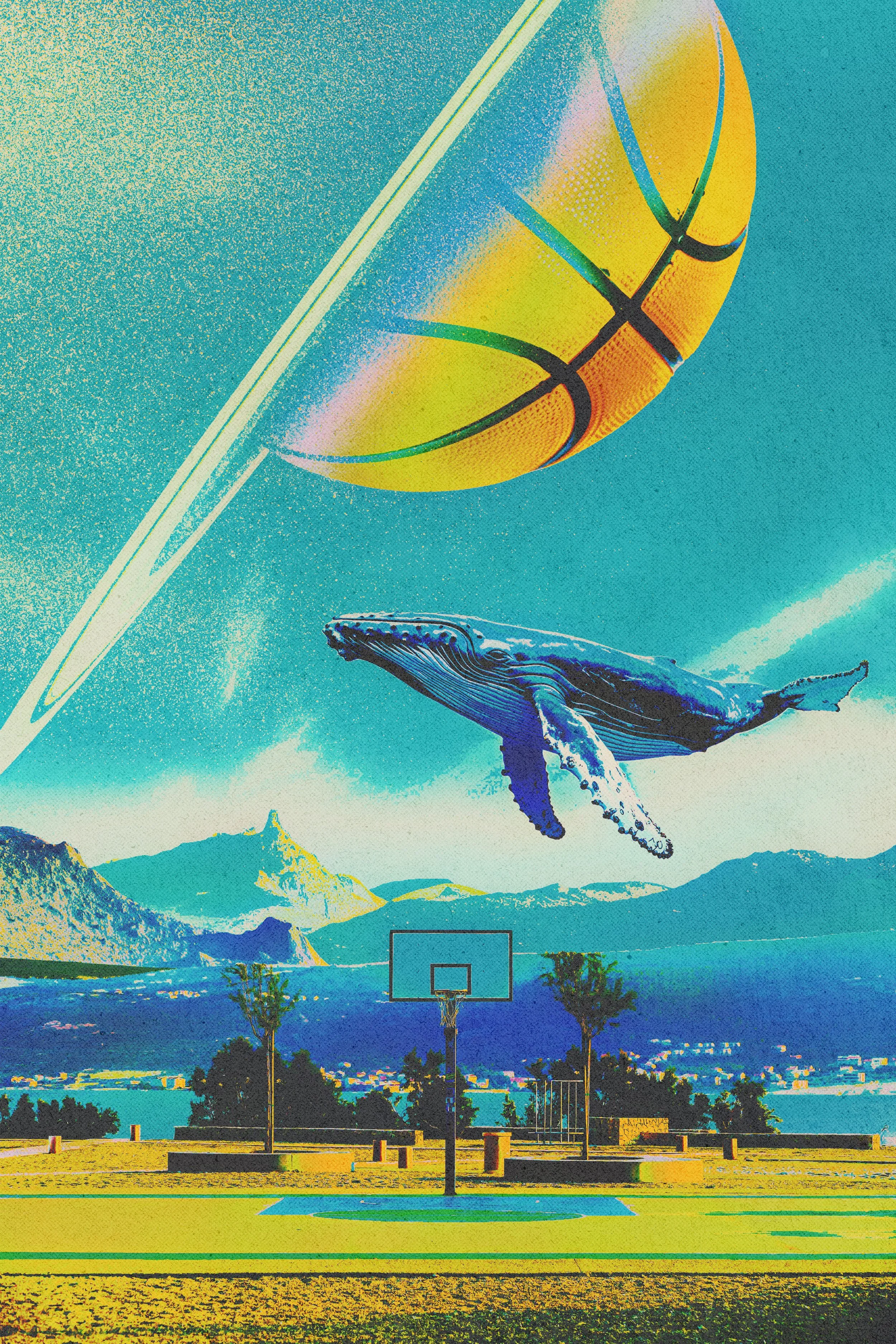 A photo collage of a basketball court with mountains in the background, a ringed-planet in the sky that looks like a basketball, and a flying whale.