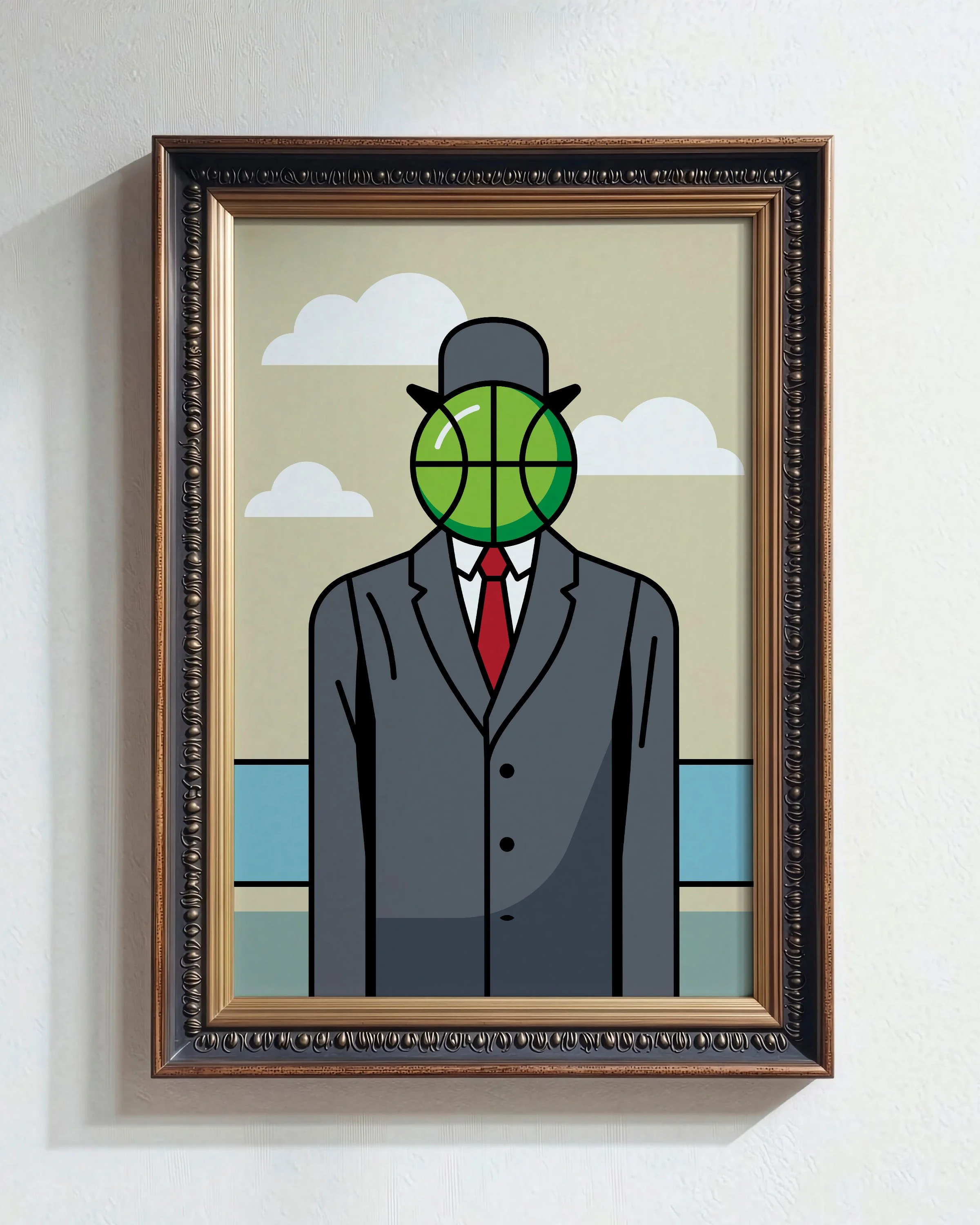 Re-creation of "The Son of Man" with a basketball in place of the apple.