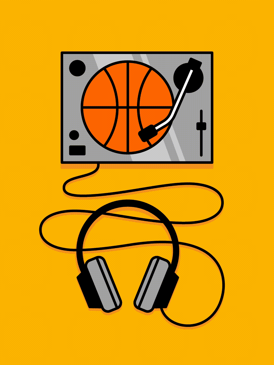An animation of a turntable and headphones with a basketball in place of a record.