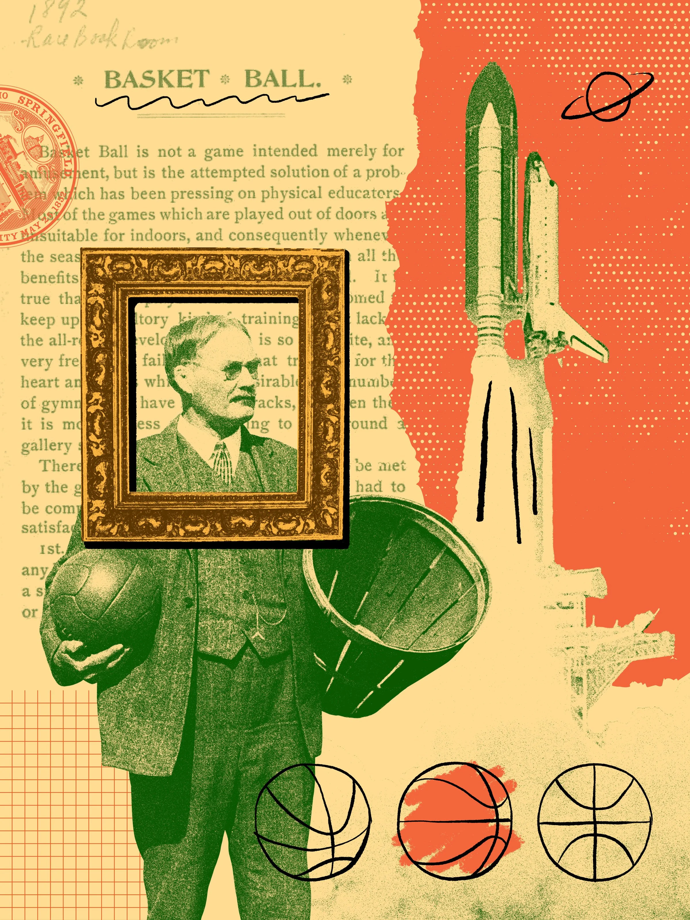 Photo collage with Dr. James Naismith, a rocket ship, text, and scribbled drawings. 
