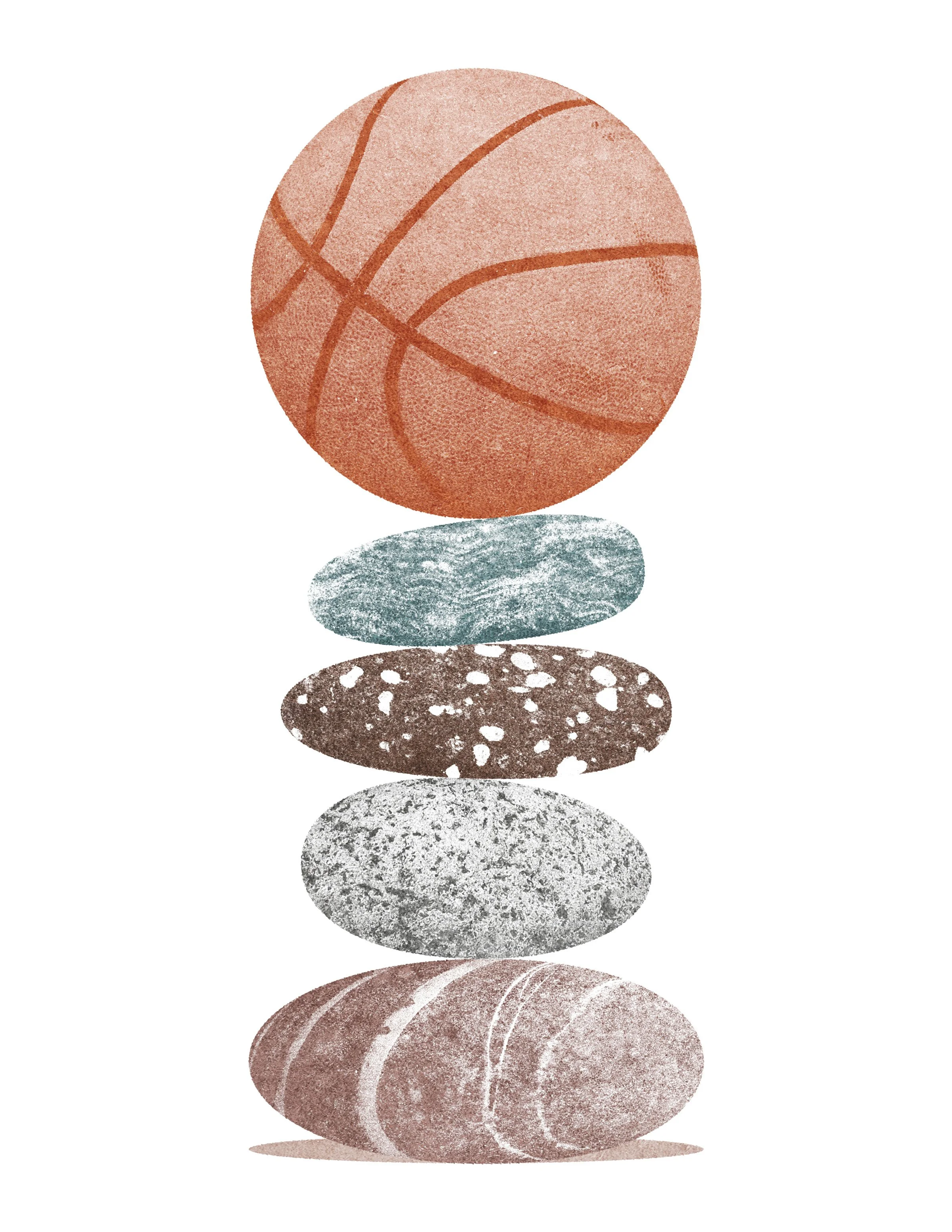 A stack of rocks with a basketball on top.