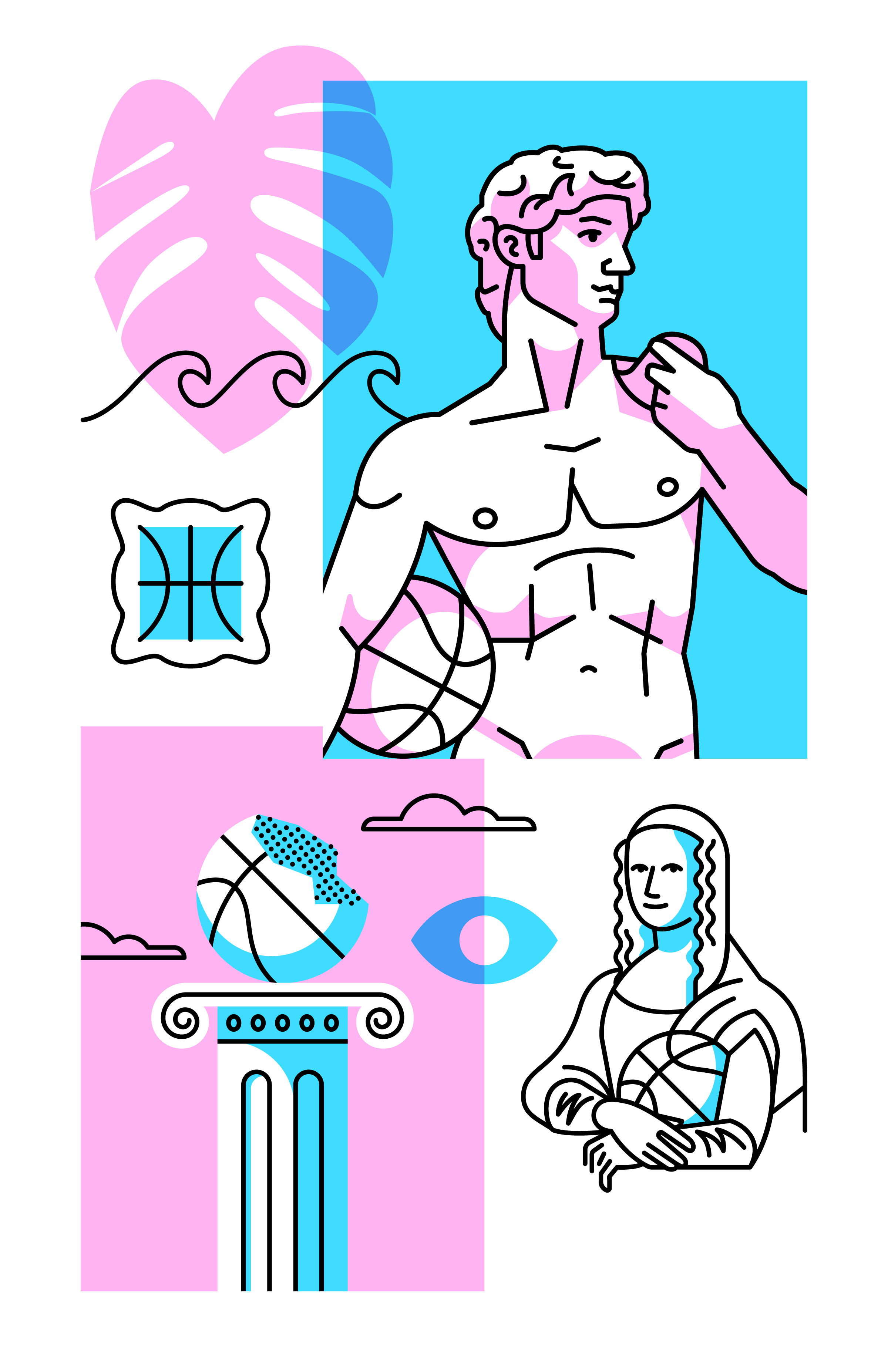 Line drawings of Michelangel's David and the Mona Lisa holding a basketball, collaged alongside other various elements.