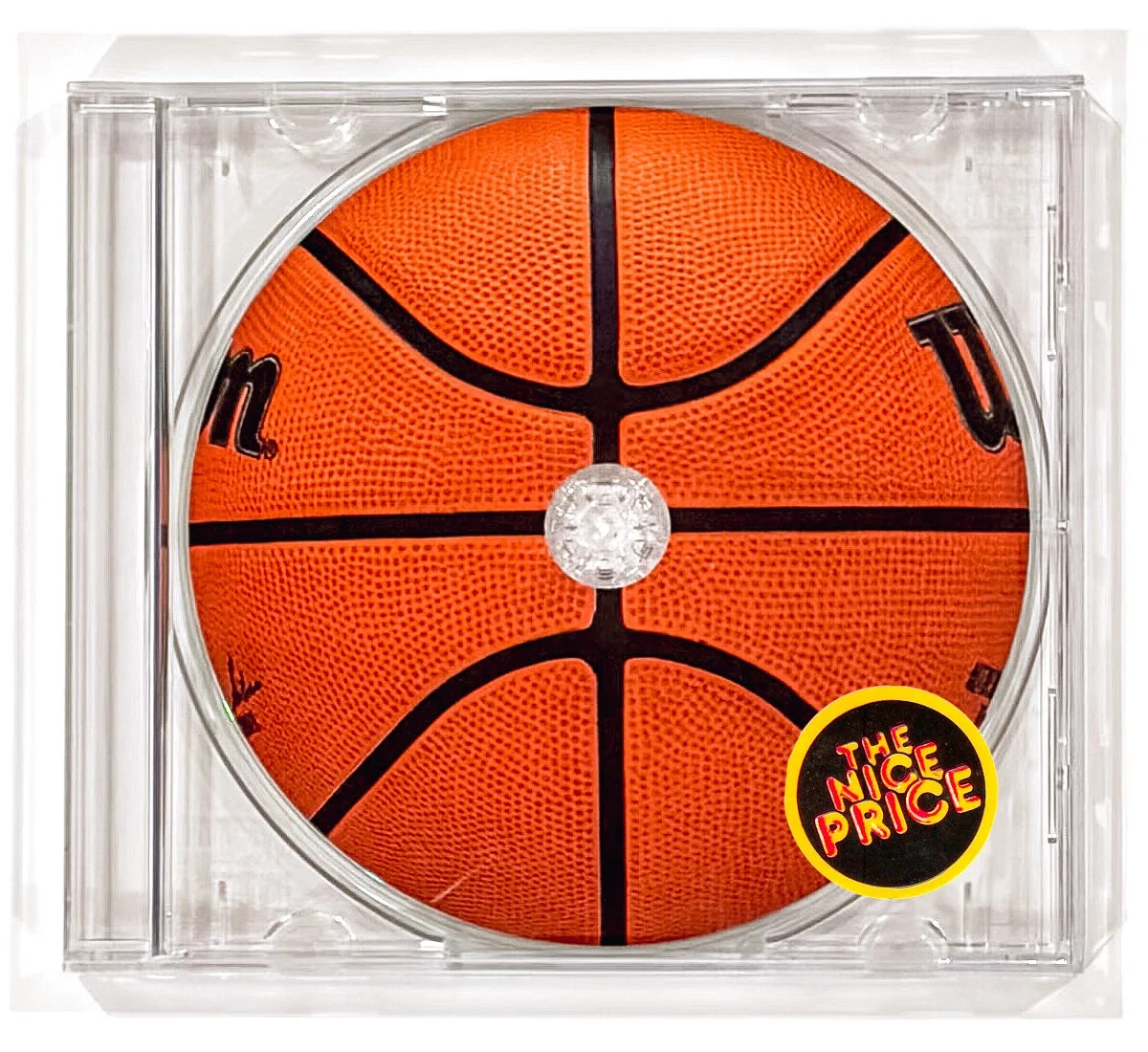 A plastic jewel case with a CD made to look like a basketball.