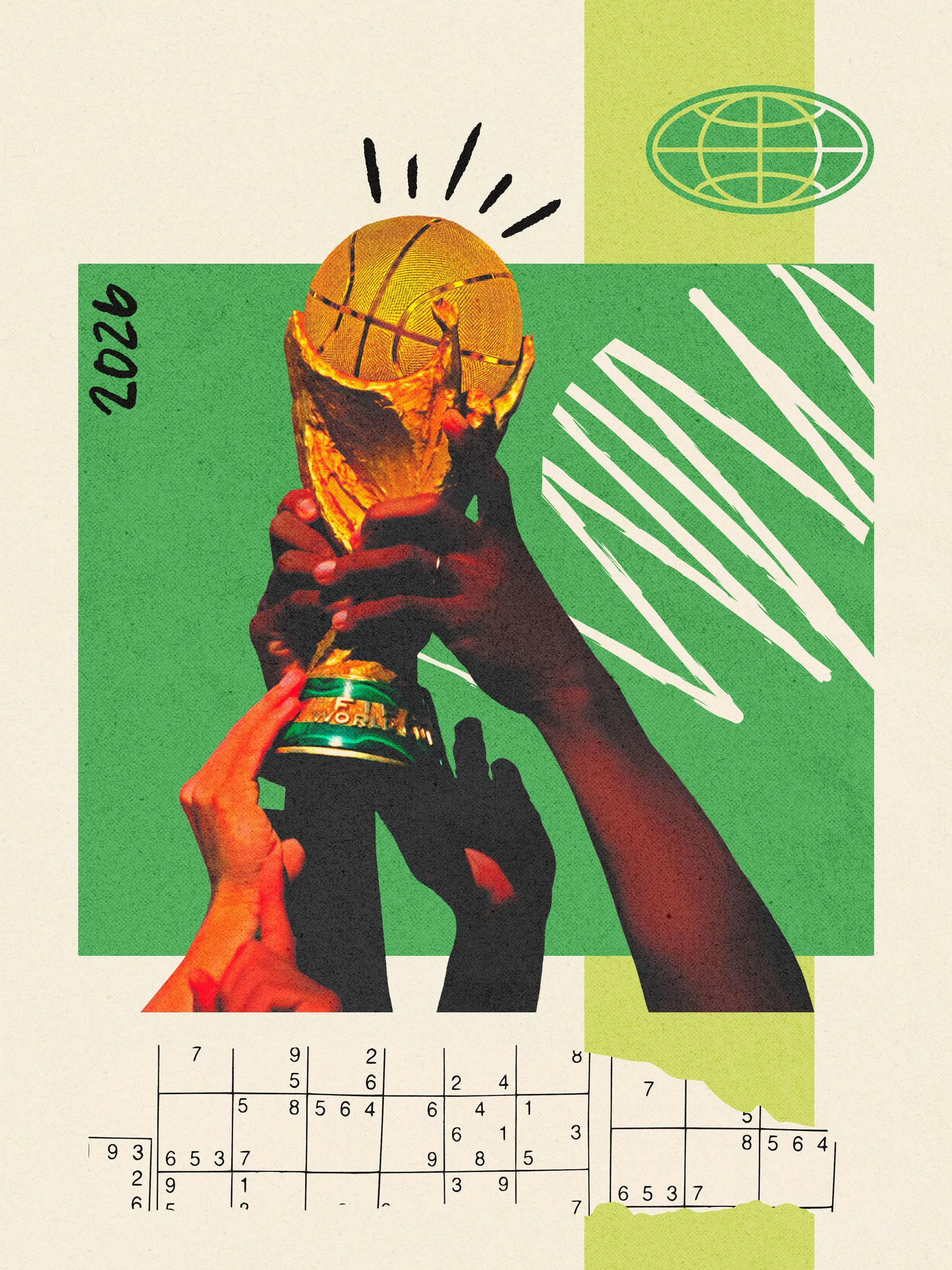 Photo collage of hands raising the World Cup trophy with a golden basketball in place of the globe.