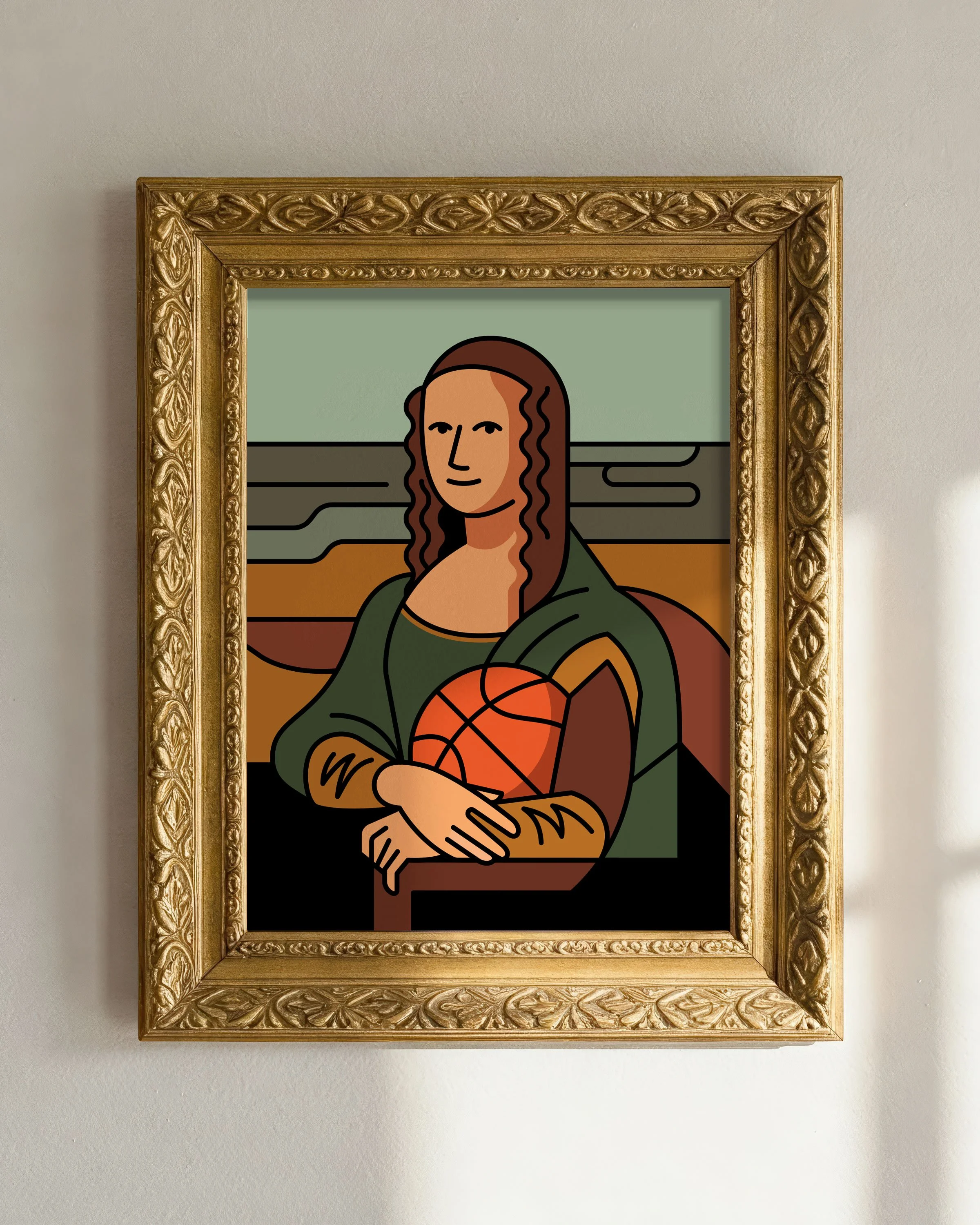 Re-creation of the Mona Lisa holding a basketball.