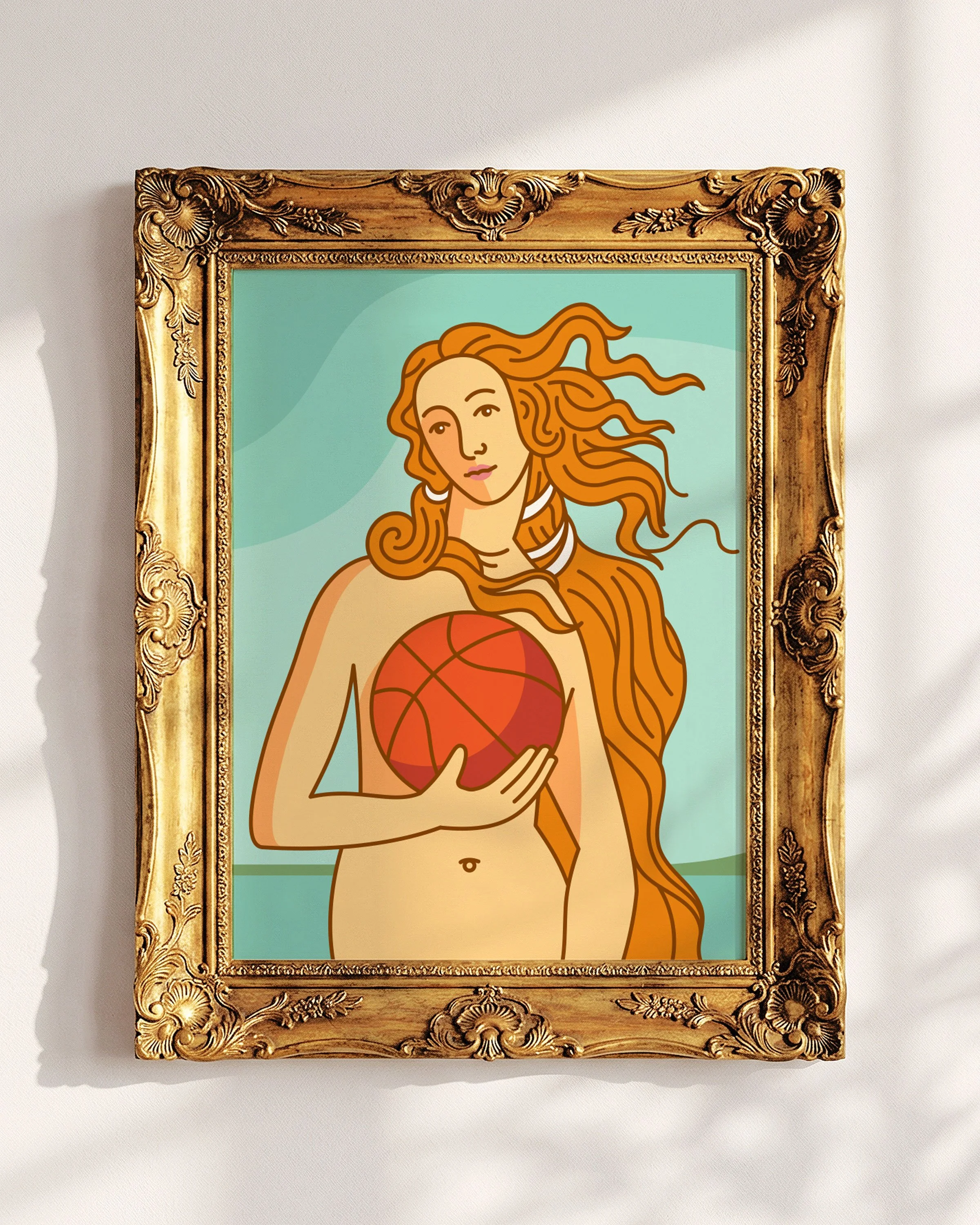 A re-creation of "The Birth of Venus" with Venus holding a basketball.