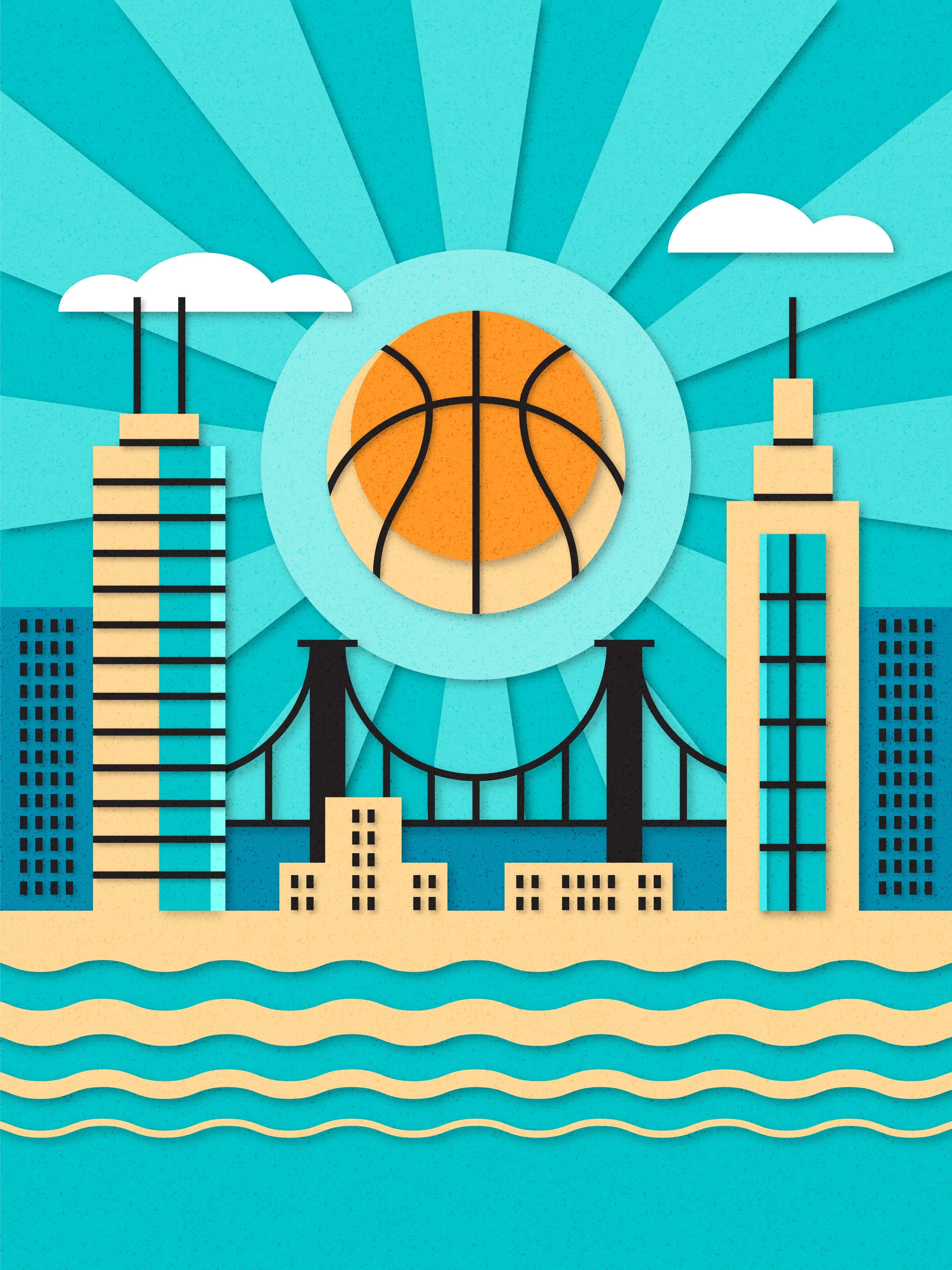 A cityscape with a basketball sun in the sky.