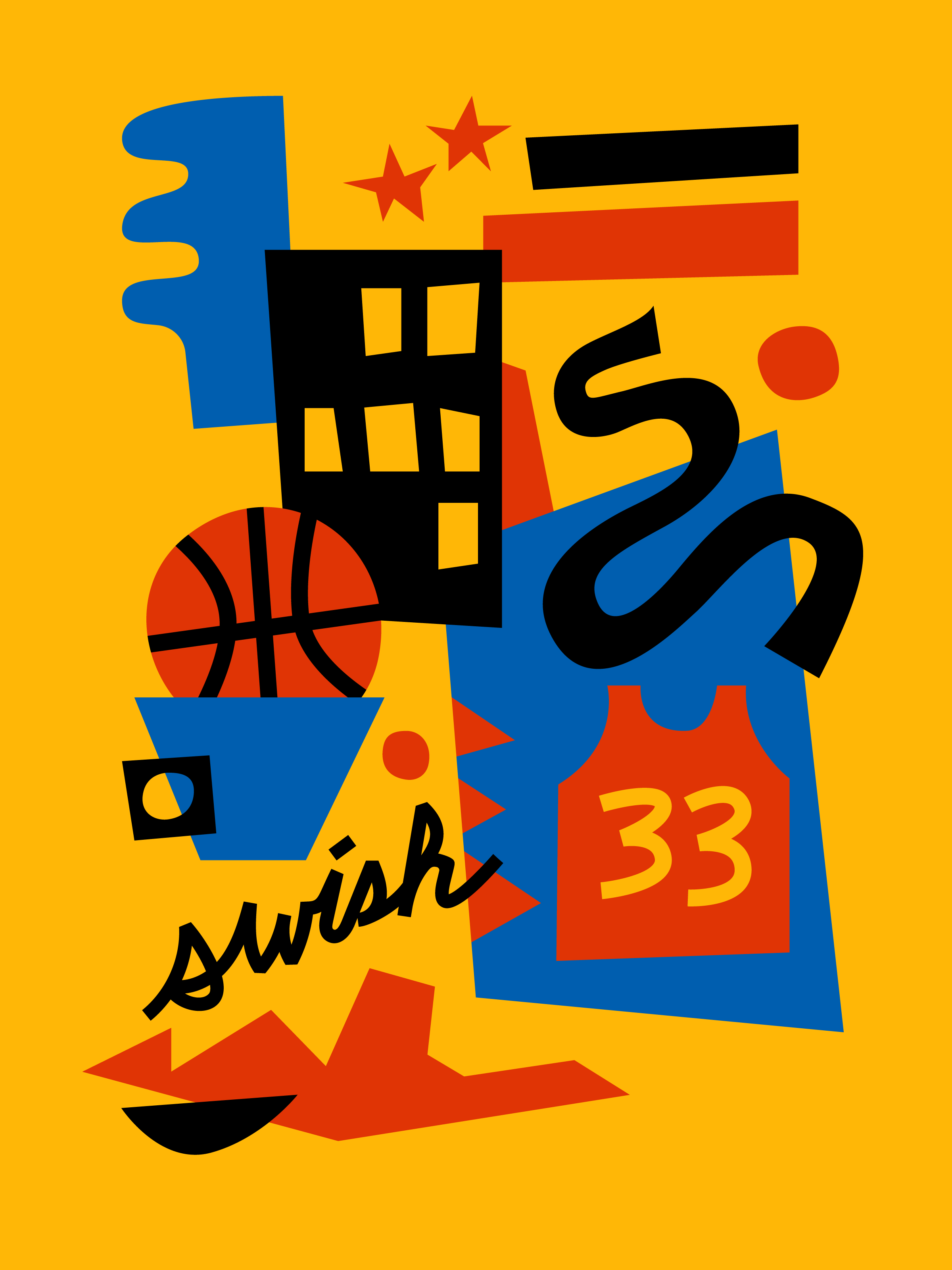 Abstract, colorful shapes in the style of painter Stuart Davis combined with basketball imagery.