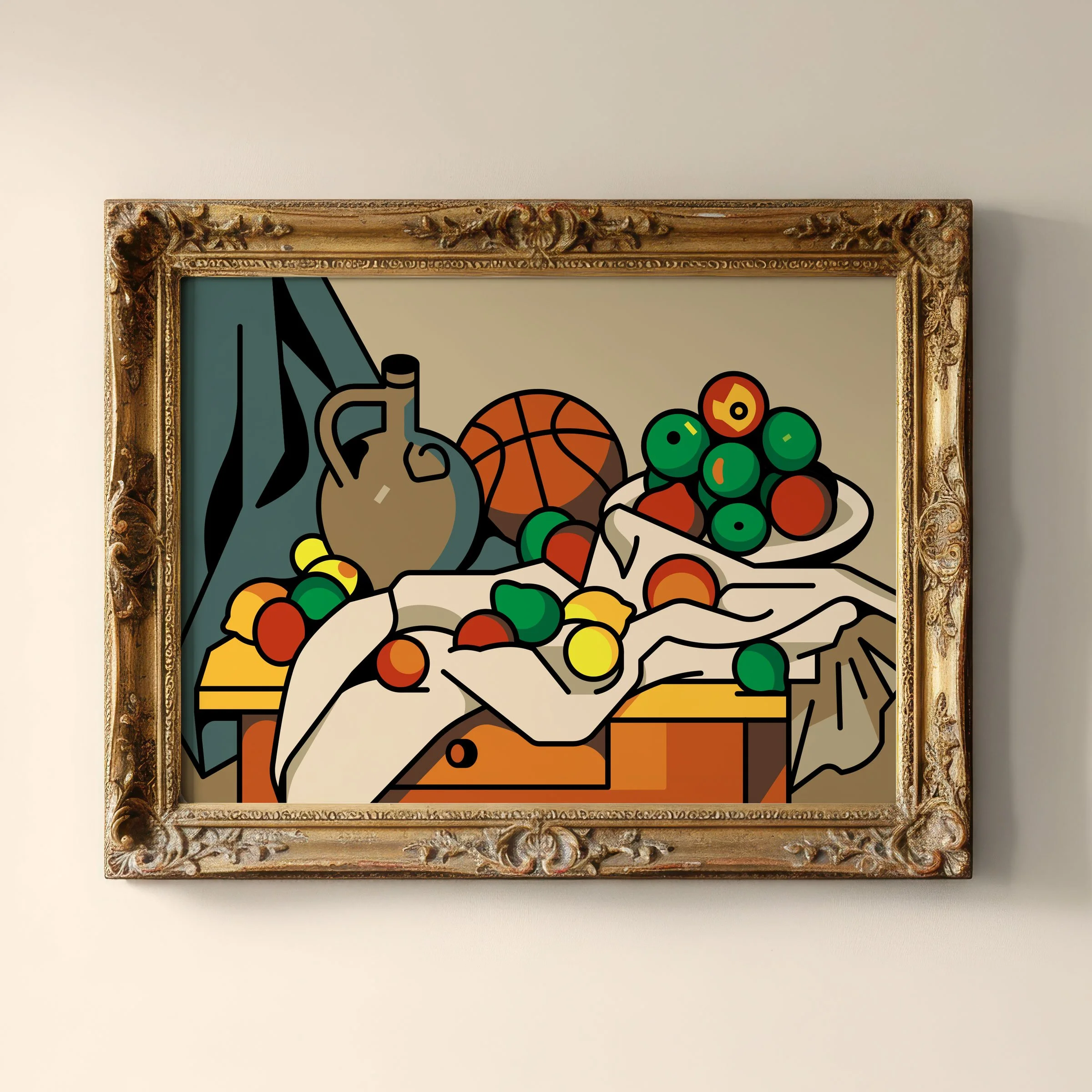 Re-creation of Cézanne's "Curtain, Jug and Fruit" with a basketball added.