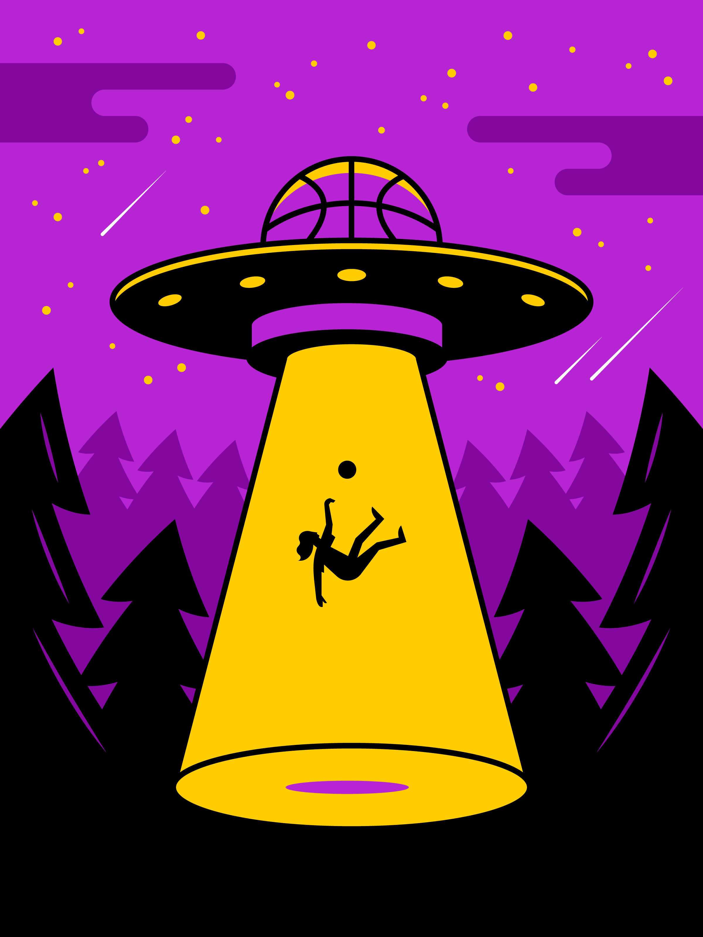A ufo with a basketball in place of the dome shining down a beam with a figure floating upward.