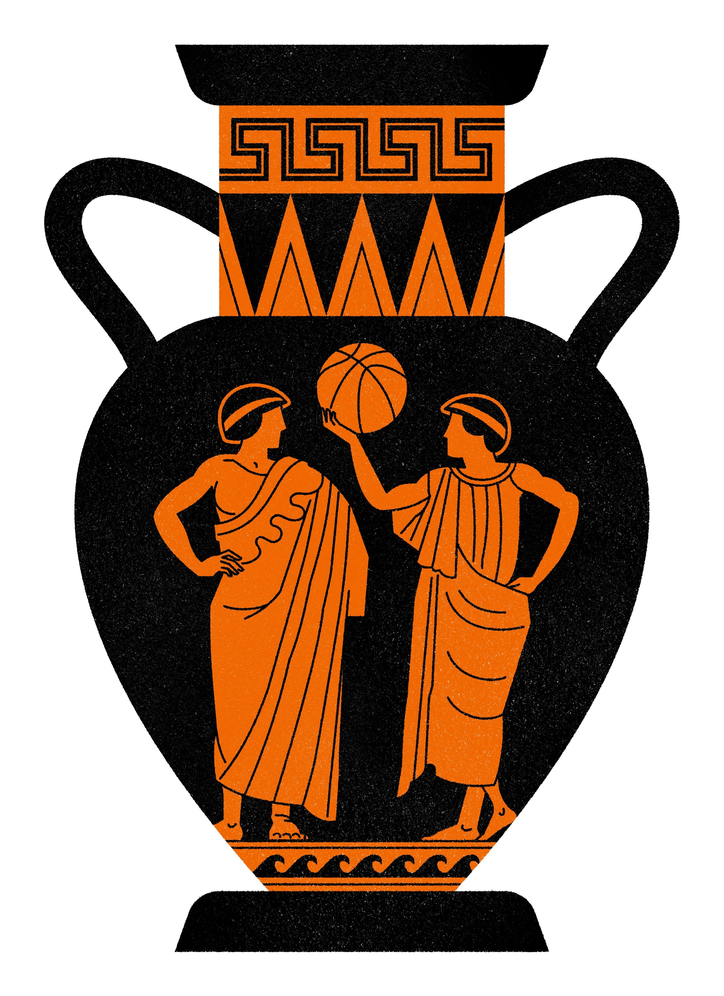 Illustration of an ancient Greek vase with two figures, one figure is holding a basketball.