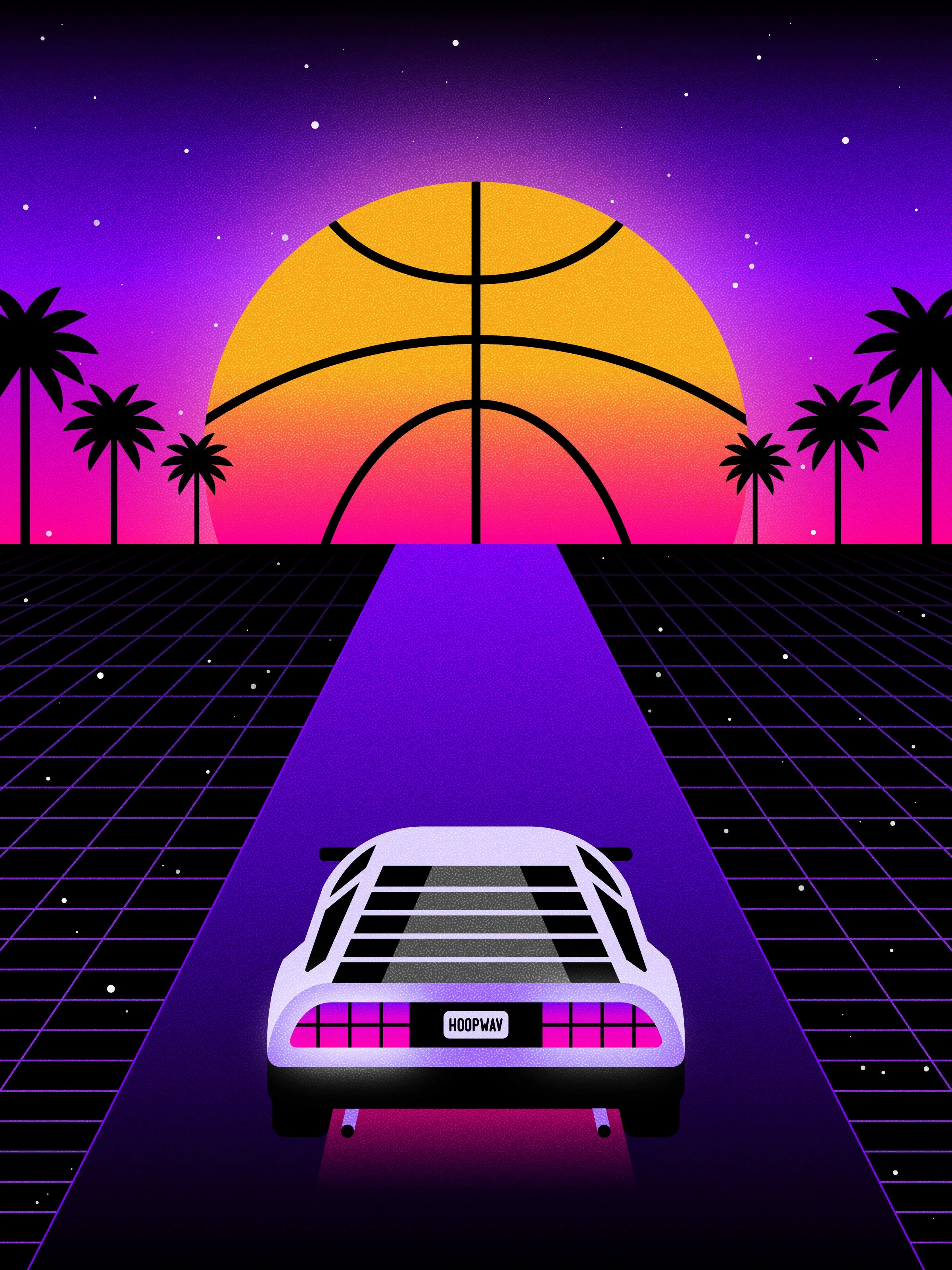 A car driving off into the horizon with a giant basketball sun and a future retro aesthetic.