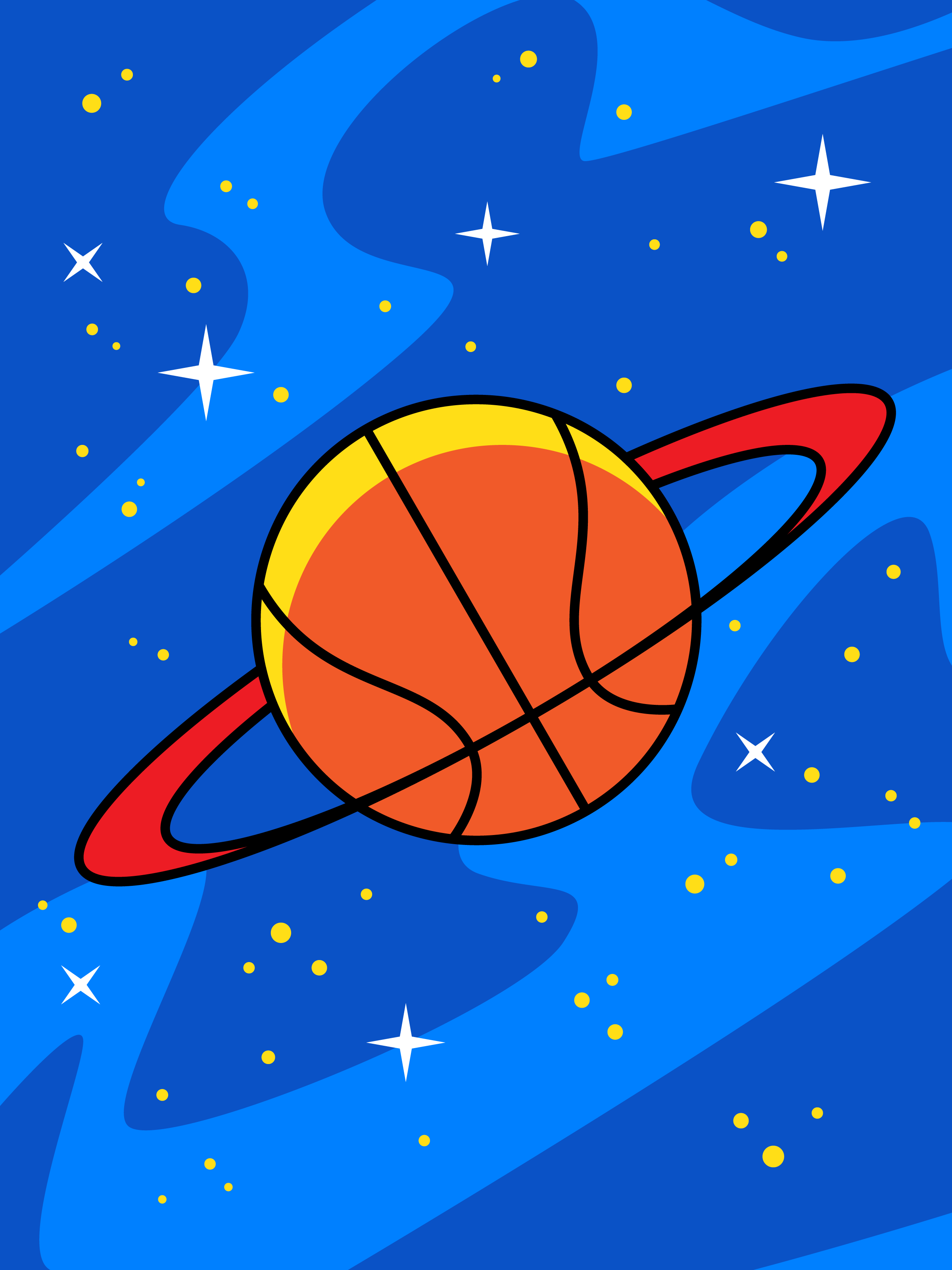 The planet Saturn depicted as a basketball with stars in the background.