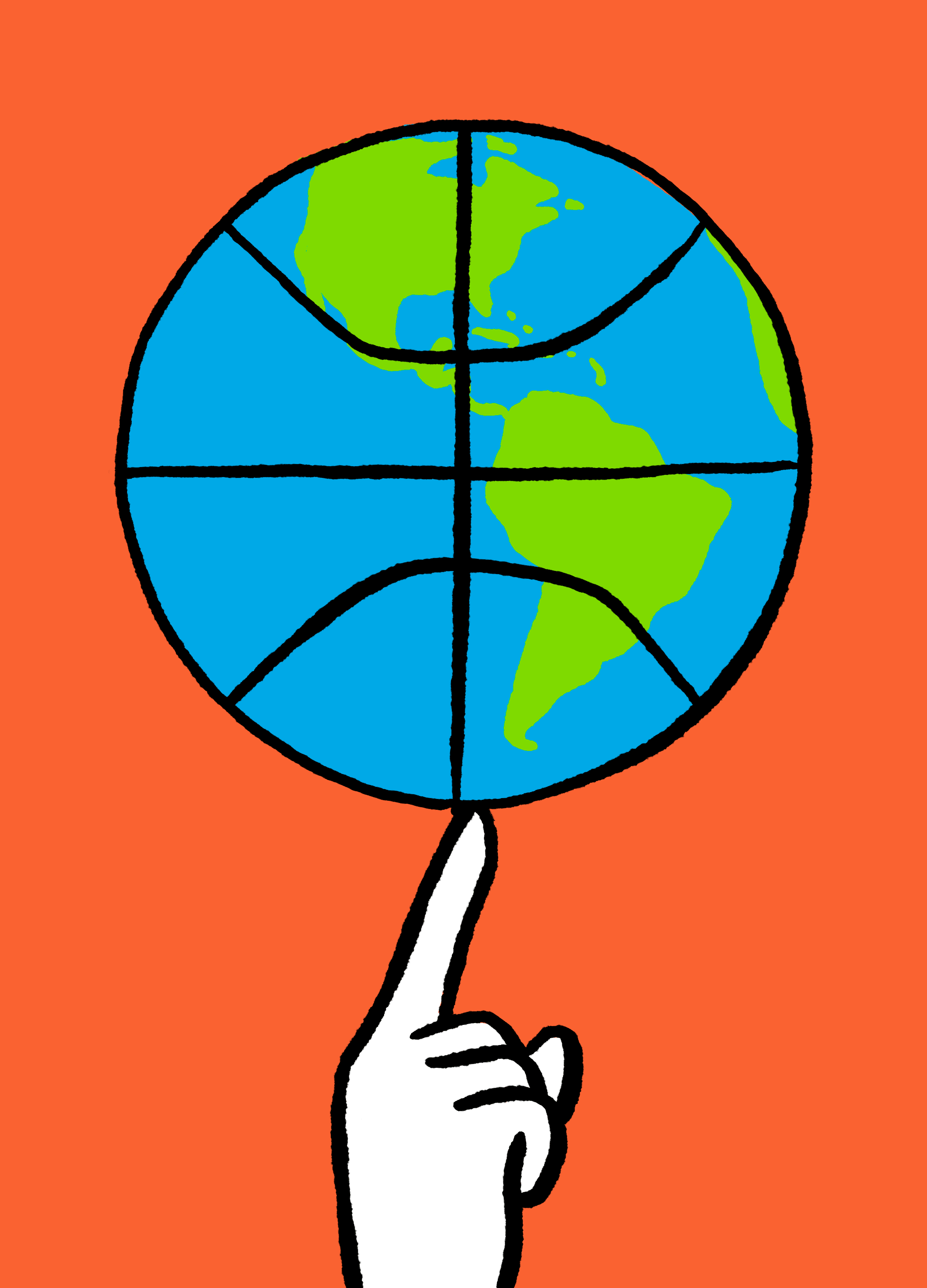 Finger spinning a basketball with a globe design.