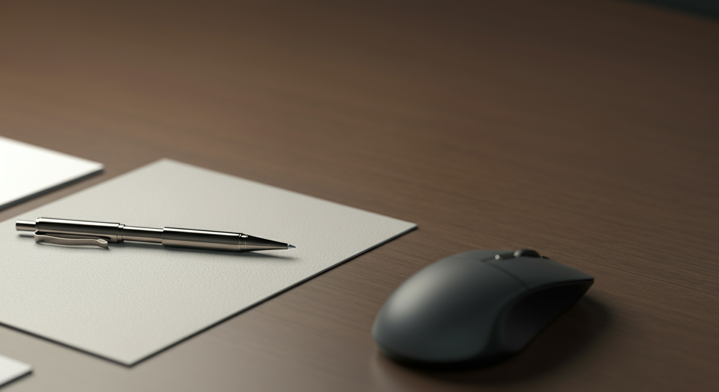 A silver pen rests on a white textured notepad on a wooden desk, with a black computer mouse nearby.