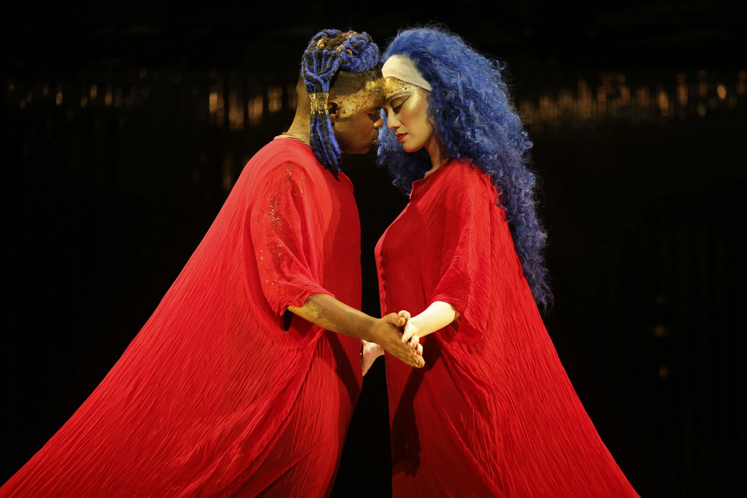 John Holiday as Akhnaten and Sun-Ly Pierce as Nefertiti in LA Opera's 2026 production of   Akhnaten. Photo credit: Cory Weaver