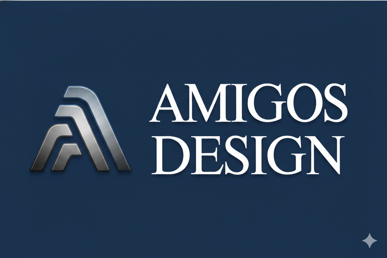 The logo of AMIGOS DESIGN featuring a metallic stylized letter 'A' and the business name in white text on a dark blue gradient background.