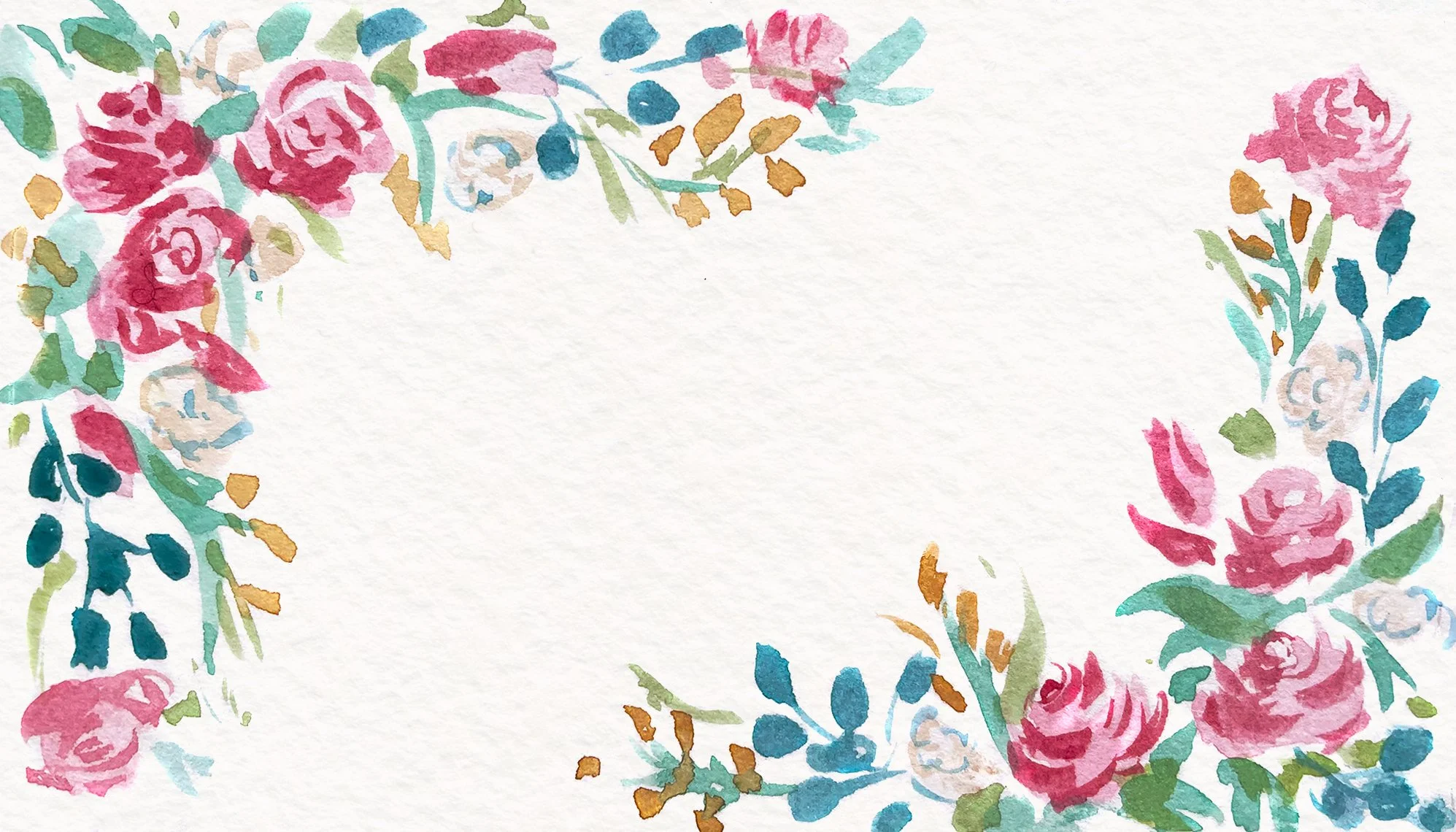 Watercolor floral border of pink roses, blue, white, and pink flowers, green leaves, and small yellow and brown accents framing a blank white space in the center.