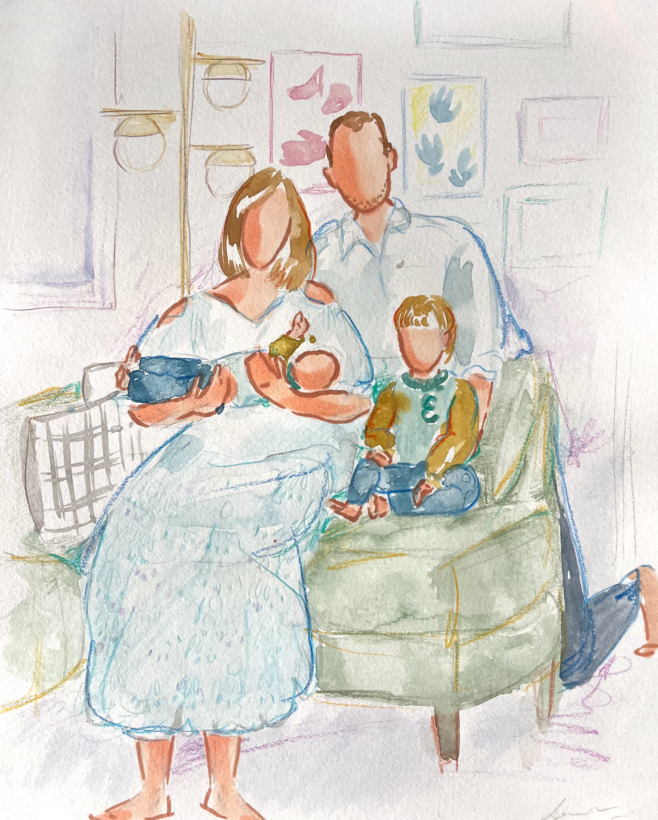 Watercolor painting of a family of four, with a woman holding a baby, a man, and a young boy sitting on a sofa, in a room with artwork on the walls.
