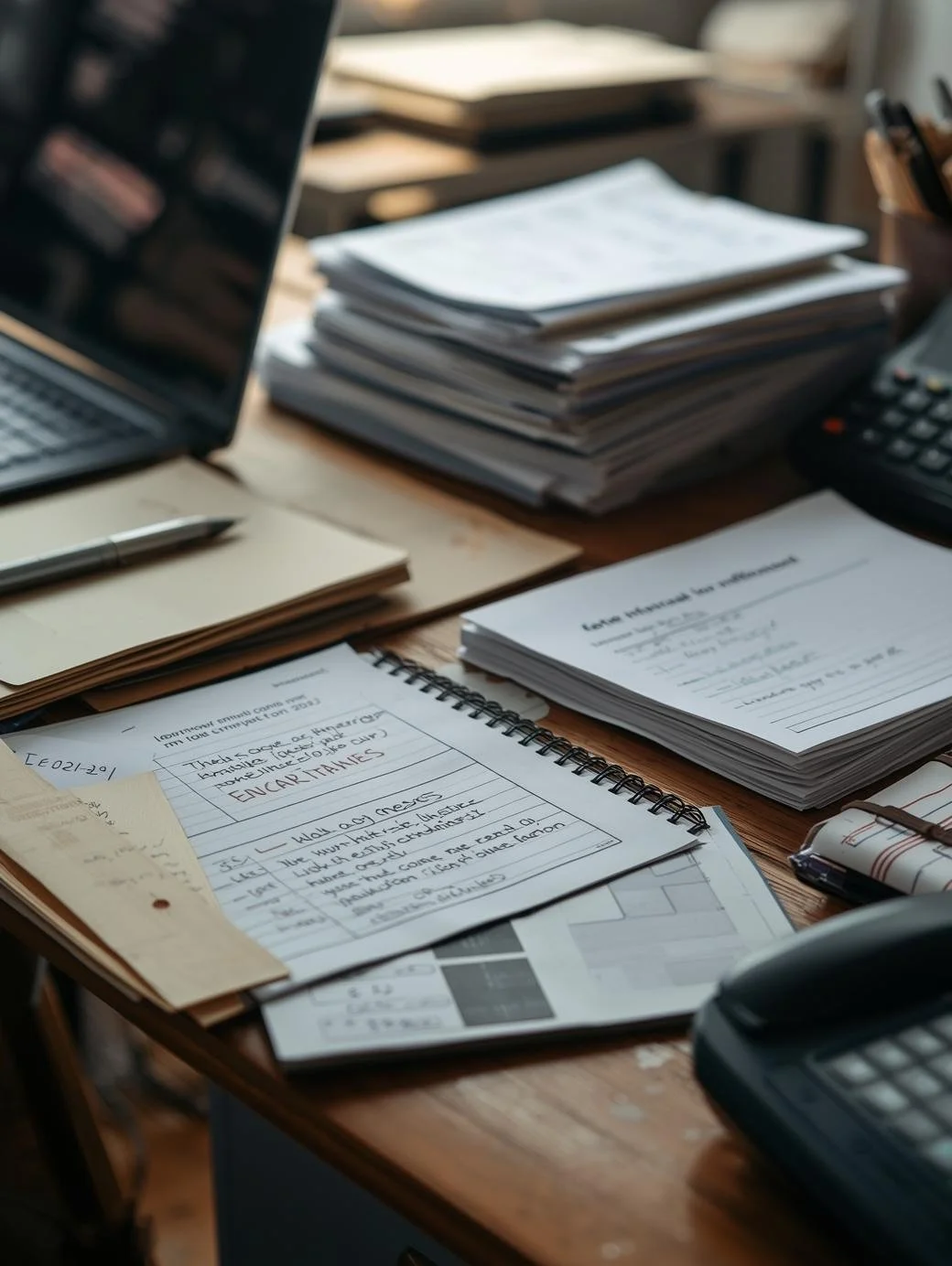 Desk cluttered with stacks of paper, a laptop, a pen, a notebook, a printed document, a calculator, and an additional stack of paper in the background.