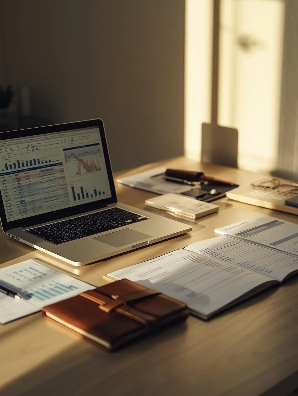 A workspace with a laptop displaying financial charts and spreadsheets, surrounded by notebooks, documents, pens, and reading glasses placed on a wooden desk, illuminated by sunlight from a nearby window.