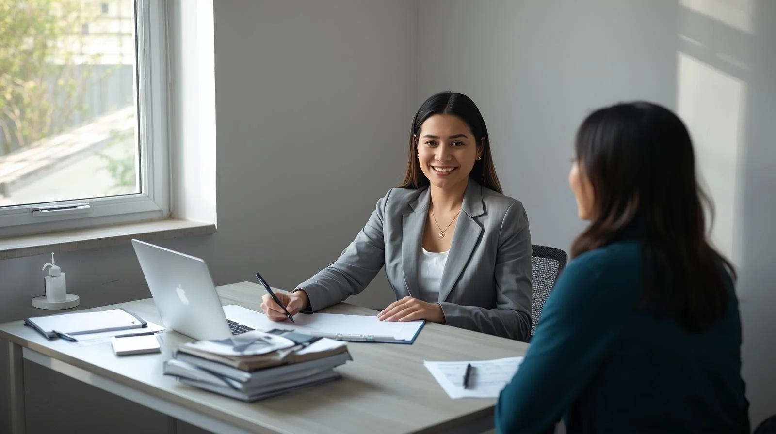 Two women having a business meeting in an office, one smiling and holding a pen, with a laptop and stacks of papers on the desk.