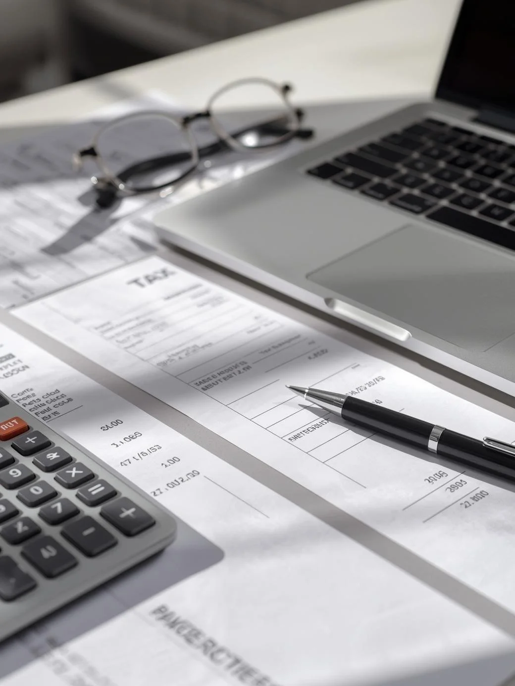 Financial documents, a calculator, a laptop, glasses, and a pen on a desk.
