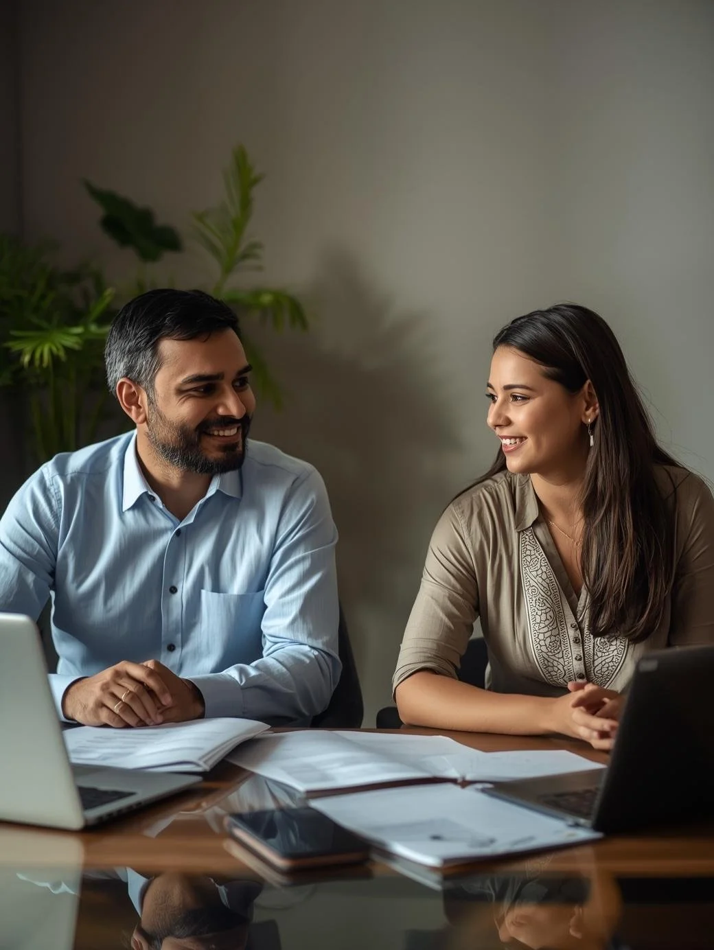 A man and woman sitting at a table, smiling and engaged in conversation, surrounded by laptops and documents, in a professional office setting.