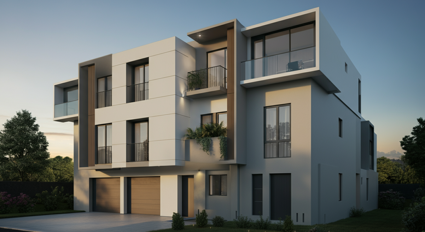 Modern multi-story residential building with balconies, large windows, and a garage, surrounded by landscaping and trees.