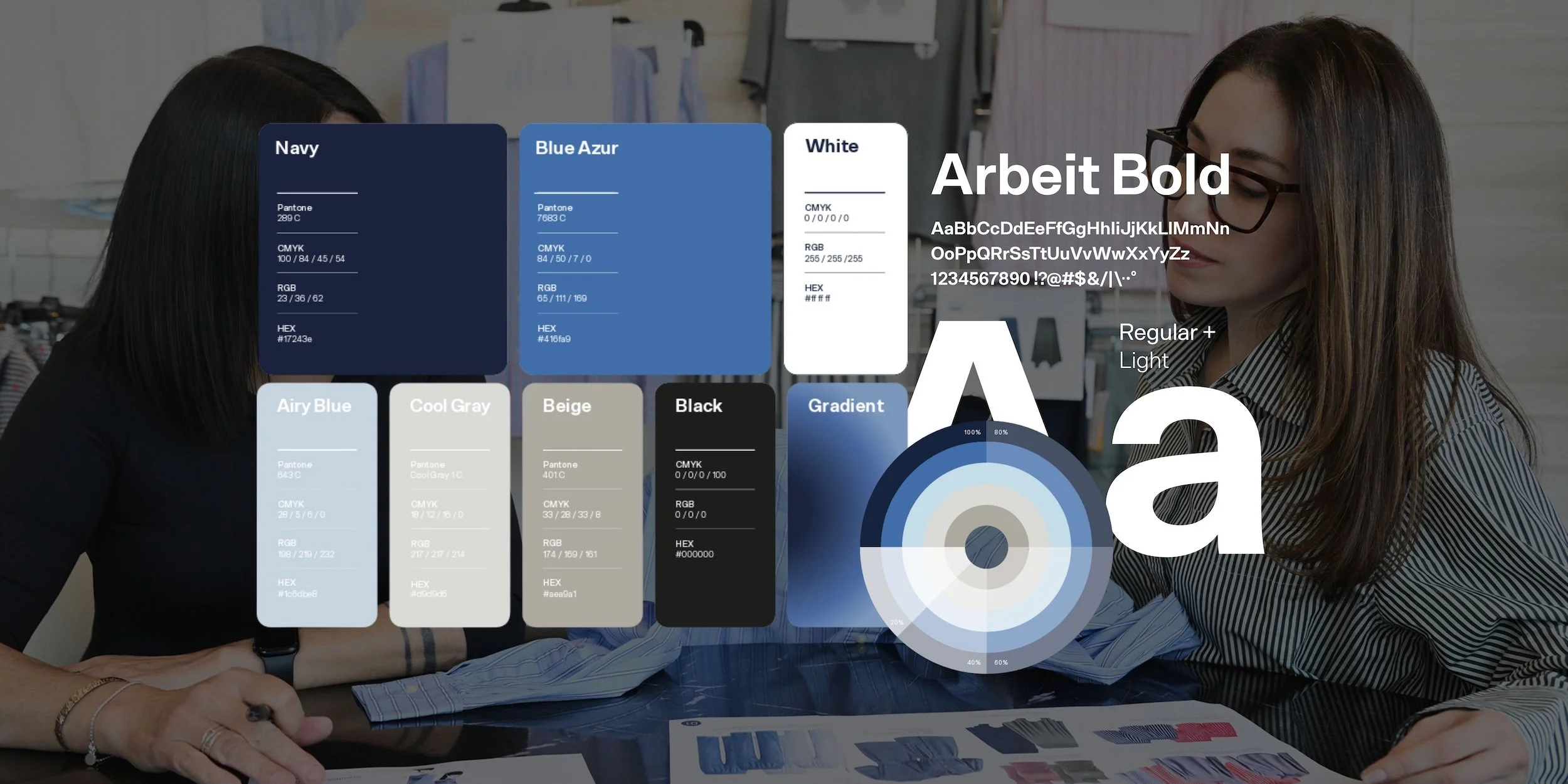 Montage du brandbook de NTD comprenant sa palette de couleurs, son cercle chromatique et sa police