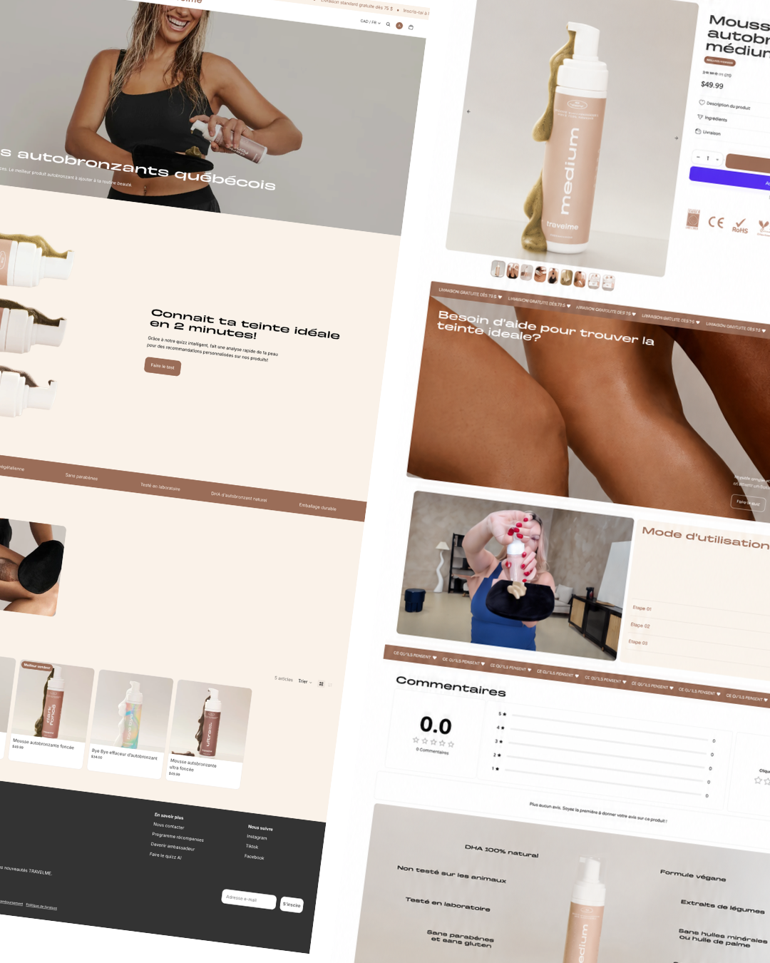 Maquettes de la boutique en ligne Shopify de Travelme, marque d'autobronzants québécois : boutique en ligne et fiche produit