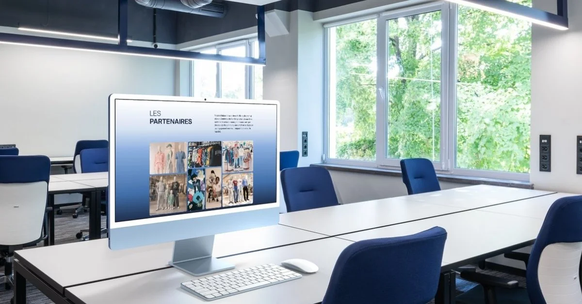 Site internet de NTD Apparel sur un iMac, placé sur un bureau blanc dans un espace de travail avec d'autres plan de travail et des chaises bleues