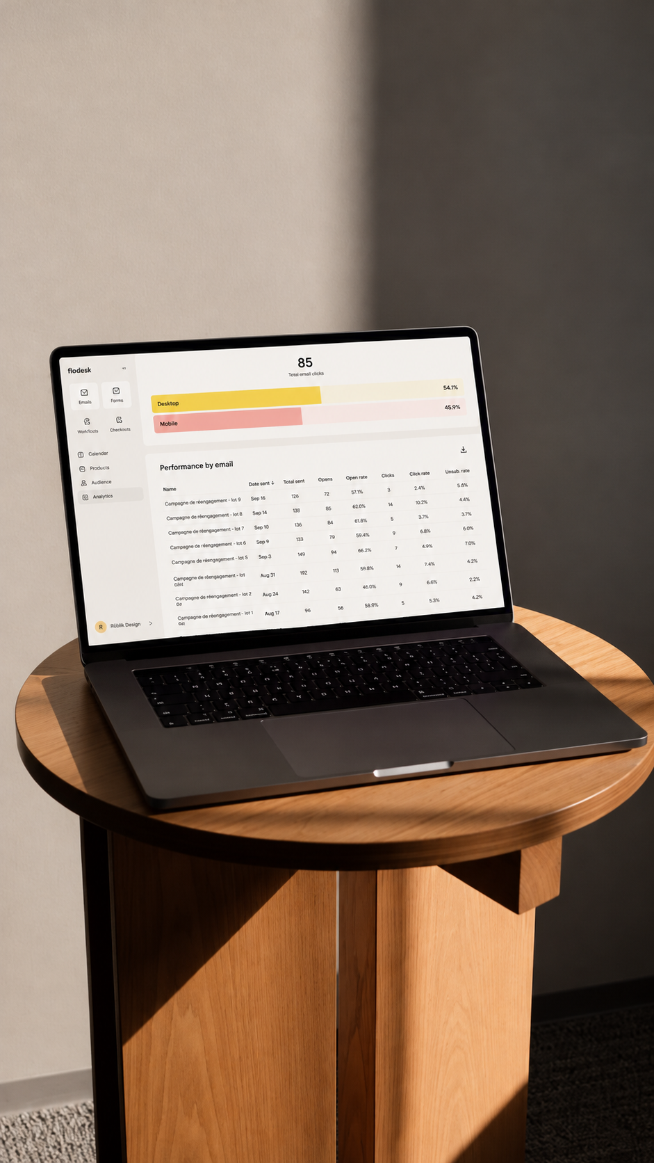 Ordinateur portable posé sur une table en bois, affichant les statistiques de campagnes de réengagement par courriel dans Flodesk, dont les taux d’ouverture et de clics.