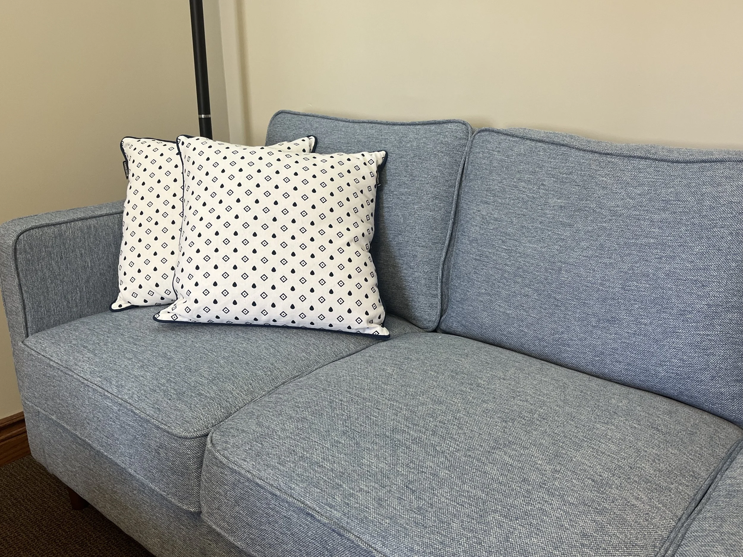 A grey fabric sofa with two decorative pillows, one patterned with black diamonds and the other solid grey, set against a beige wall.