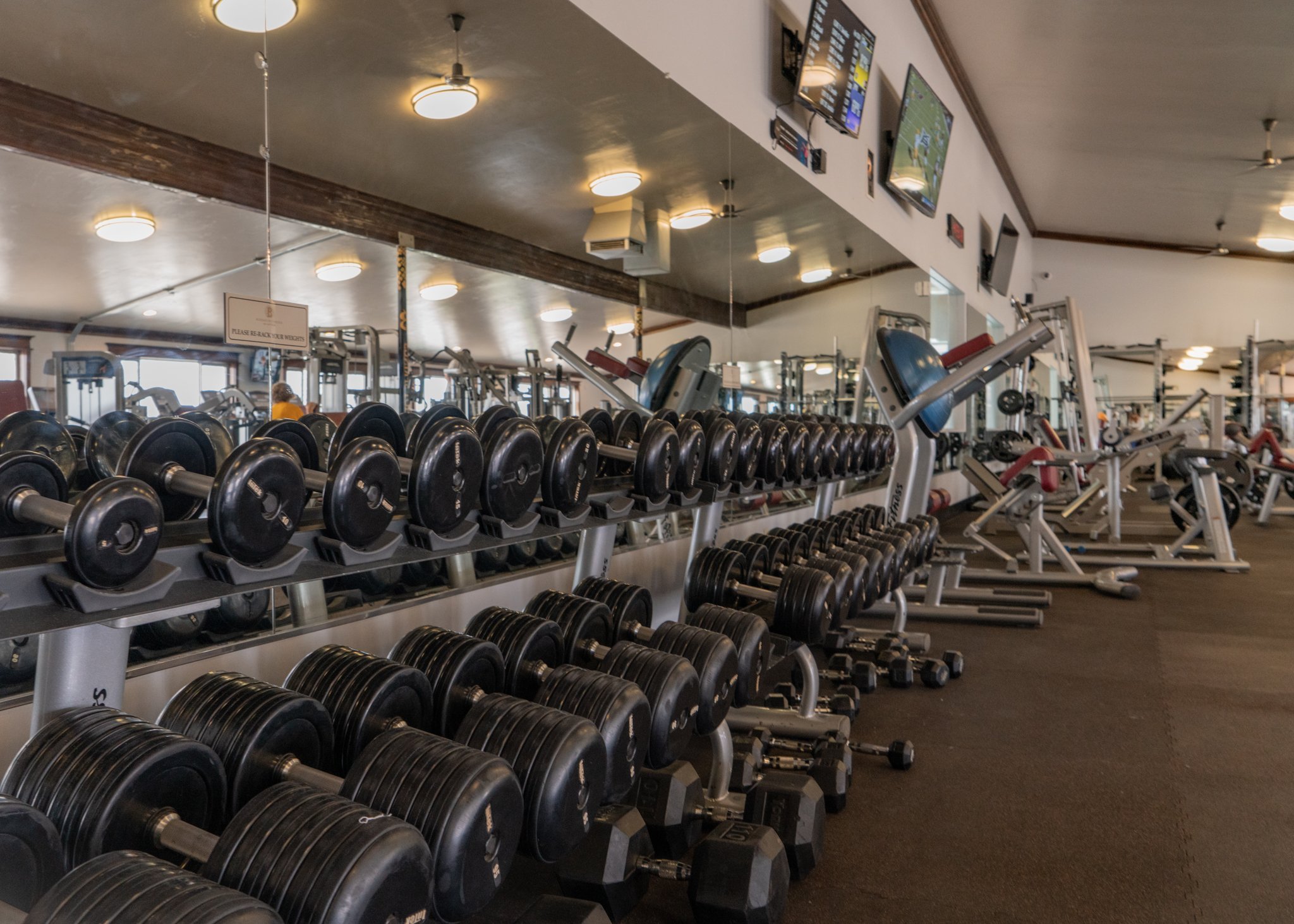 Row of black dumbbells on racks inside a gym.